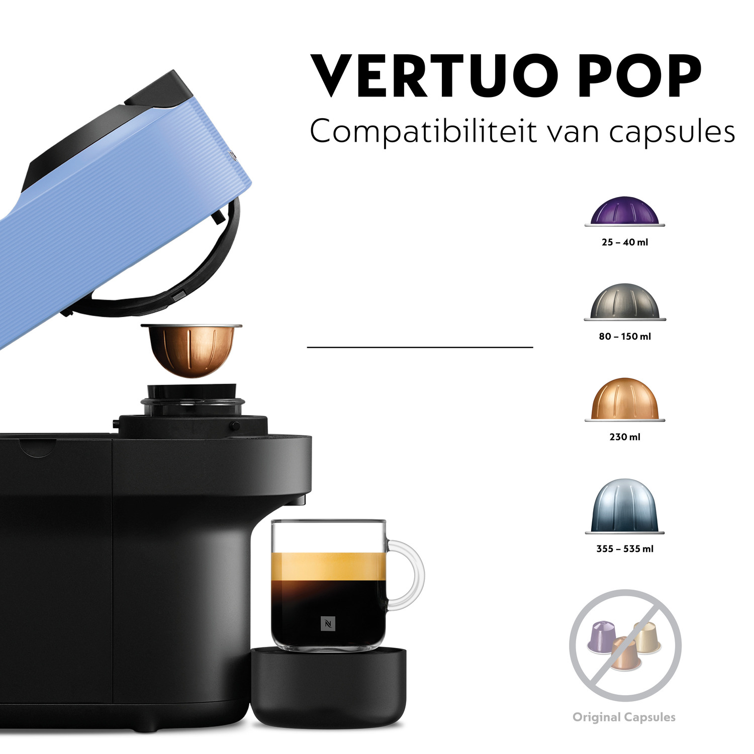 Nespresso Vertuo Pop coffee machine with capsules and coffee cups.