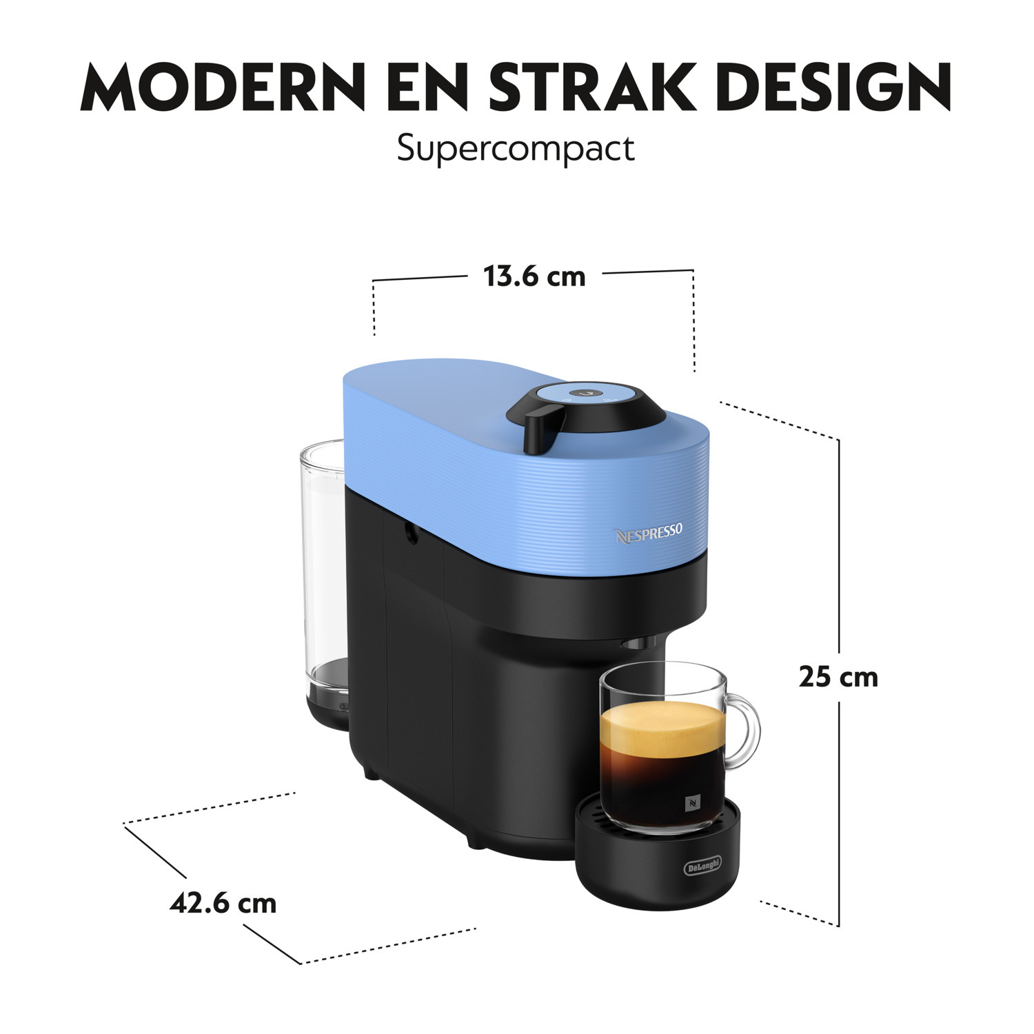 Blue and black Nespresso coffee machine. Coffee cup on the base. Dimensions are shown.