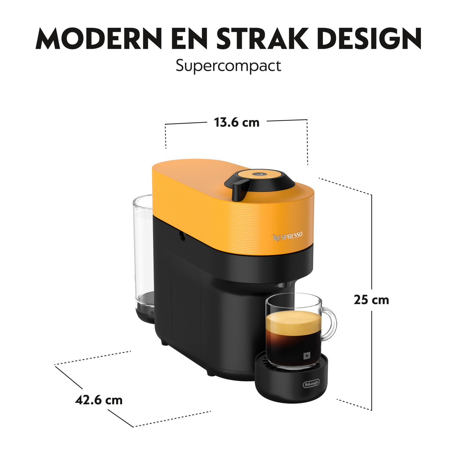 Yellow and black coffee machine with text: Modern en strak design. Coffee cup on the base.