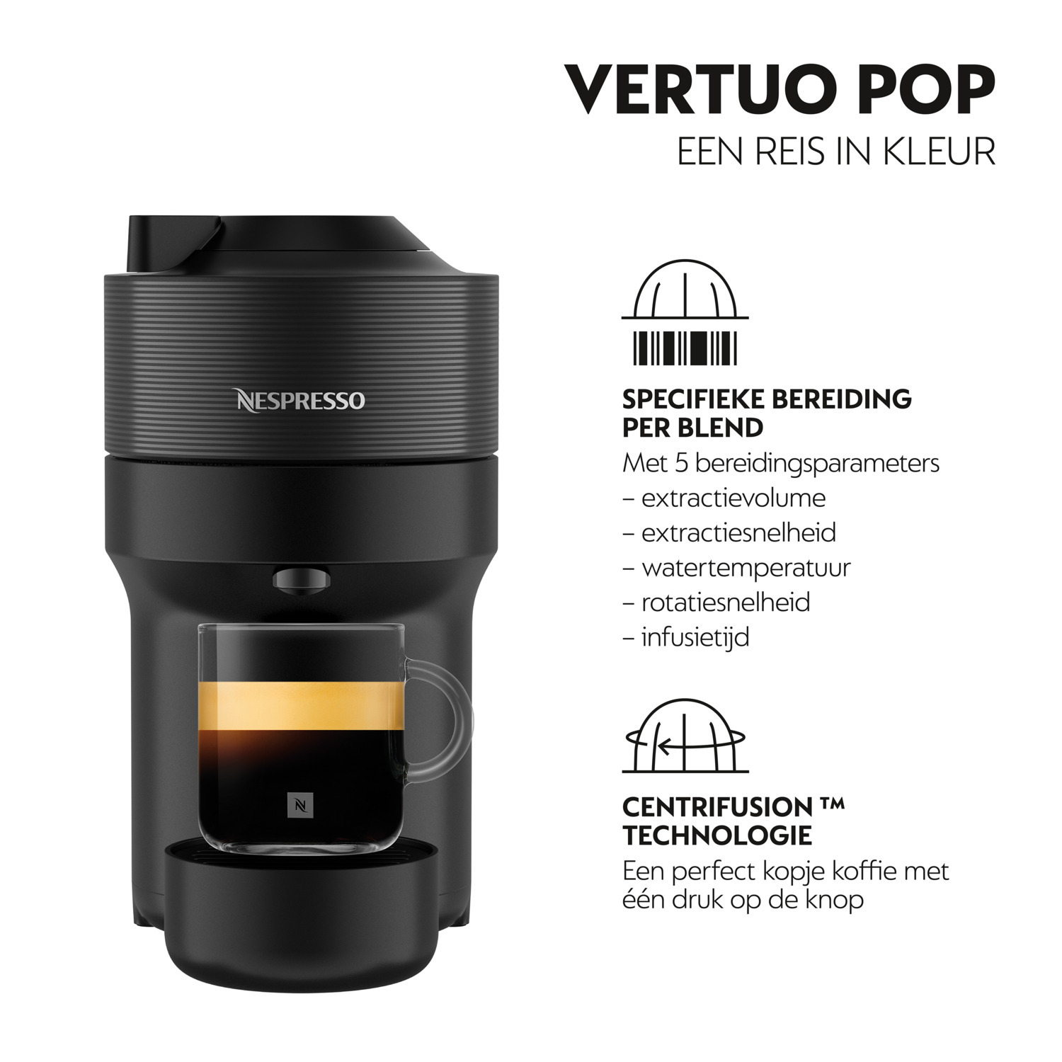 A black Nespresso Vertuo Pop coffee machine with a glass cup of coffee, text in Dutch: 'A journey in color'.