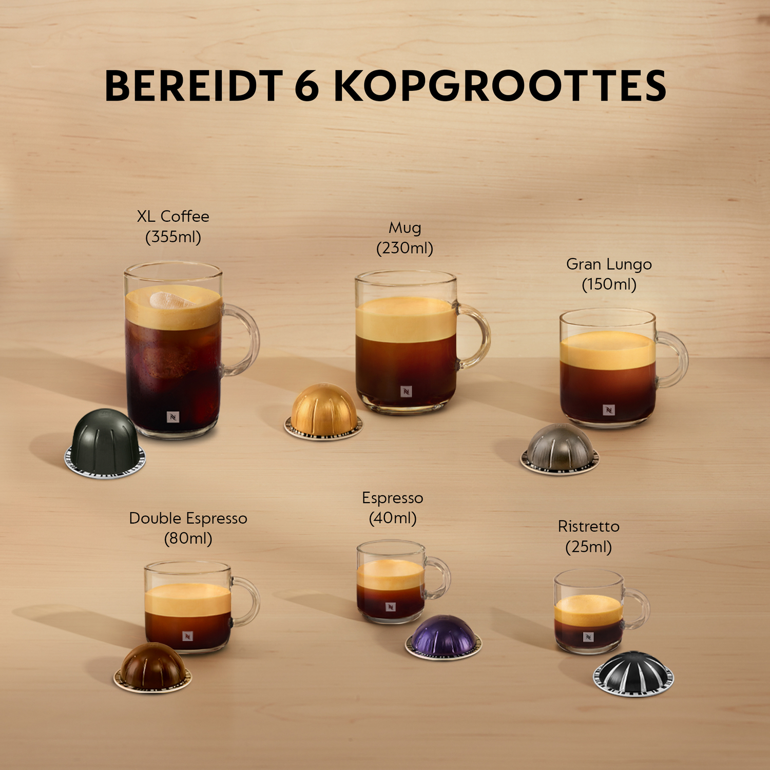 Coffee cups and pods on a wooden surface. Text shows 6 different serving sizes.