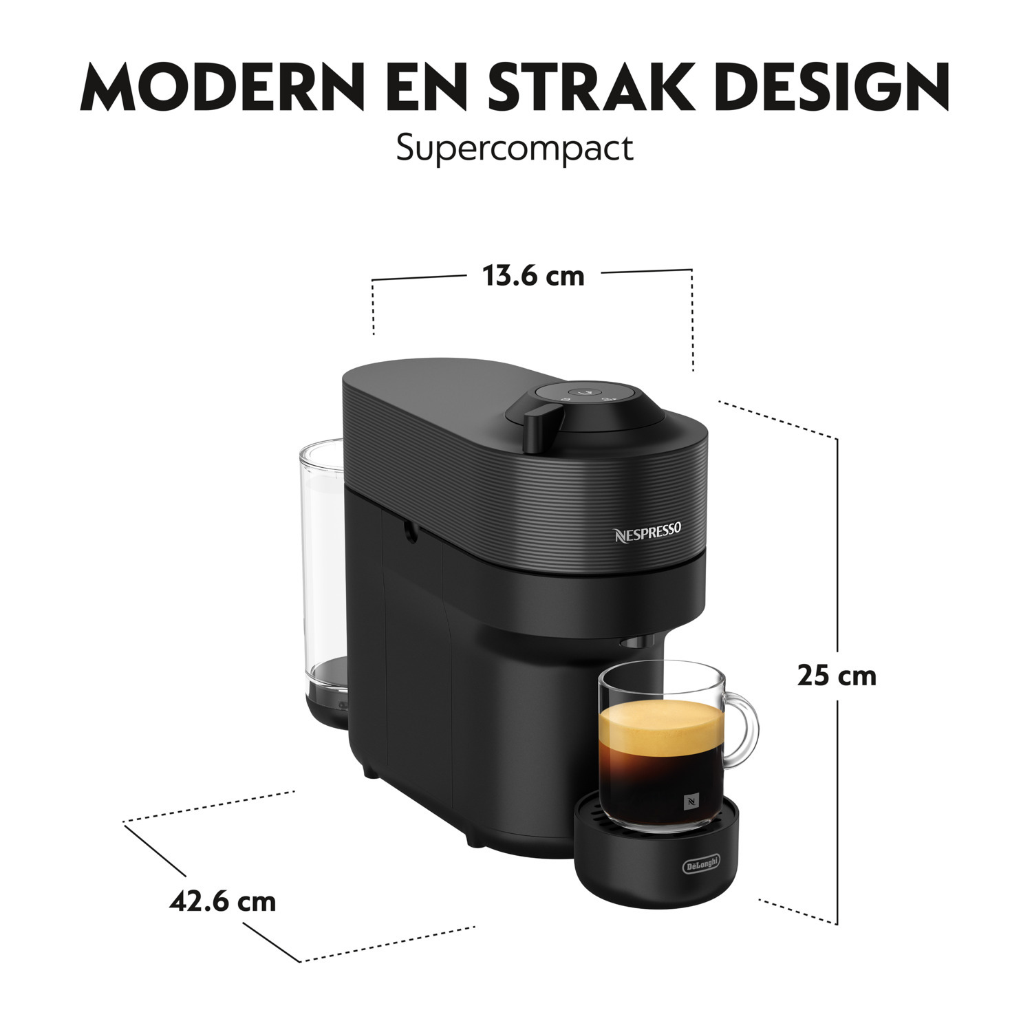 Black Nespresso coffee machine with coffee cup. Text: 'MODERN EN STRAK DESIGN' and dimensions.