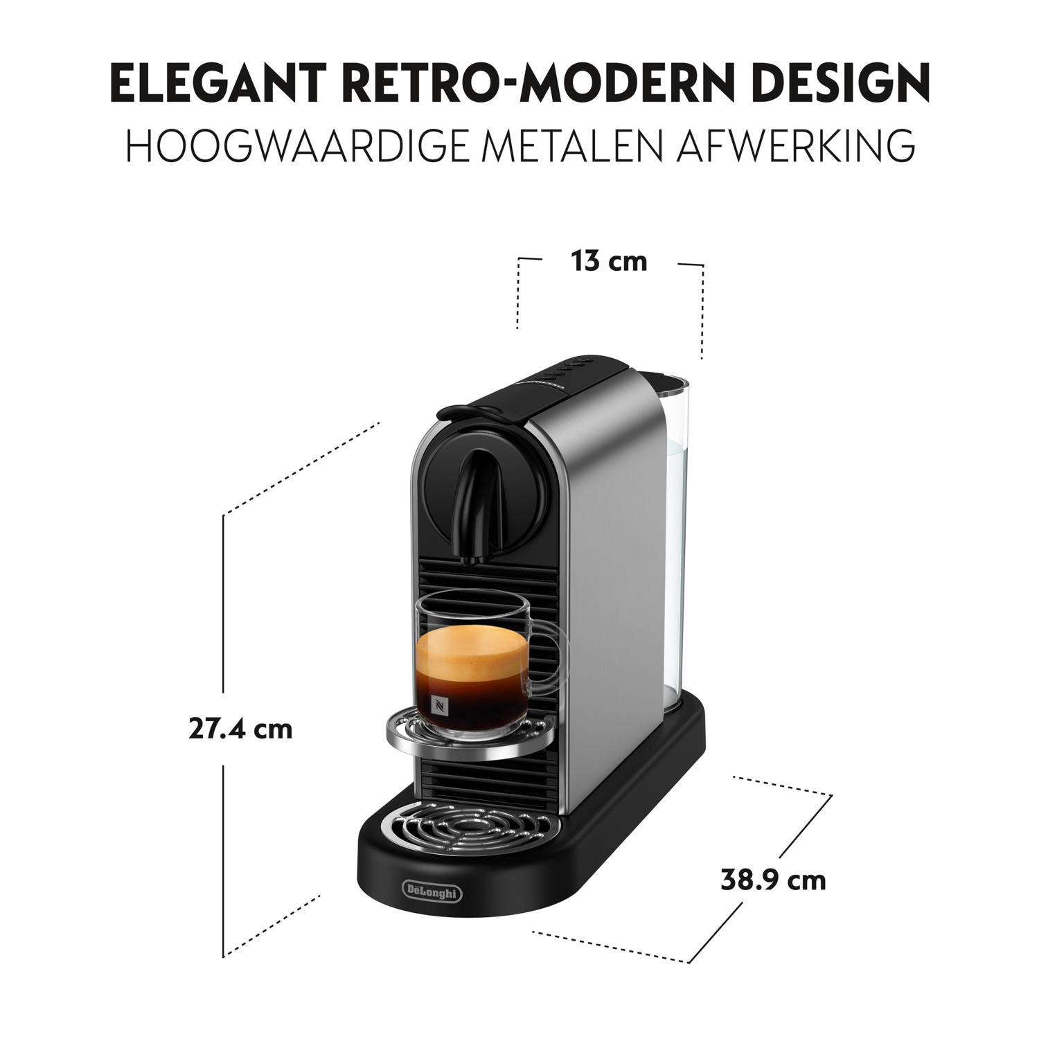 A silver and black Nespresso machine. It has a glass cup with coffee. Dimensions are shown with lines.