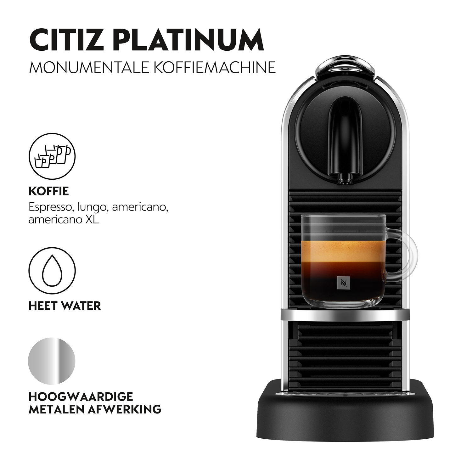A black espresso machine with a glass cup. Text says 'CITIZ PLATINUM'. It has a coffee cup and water icon.