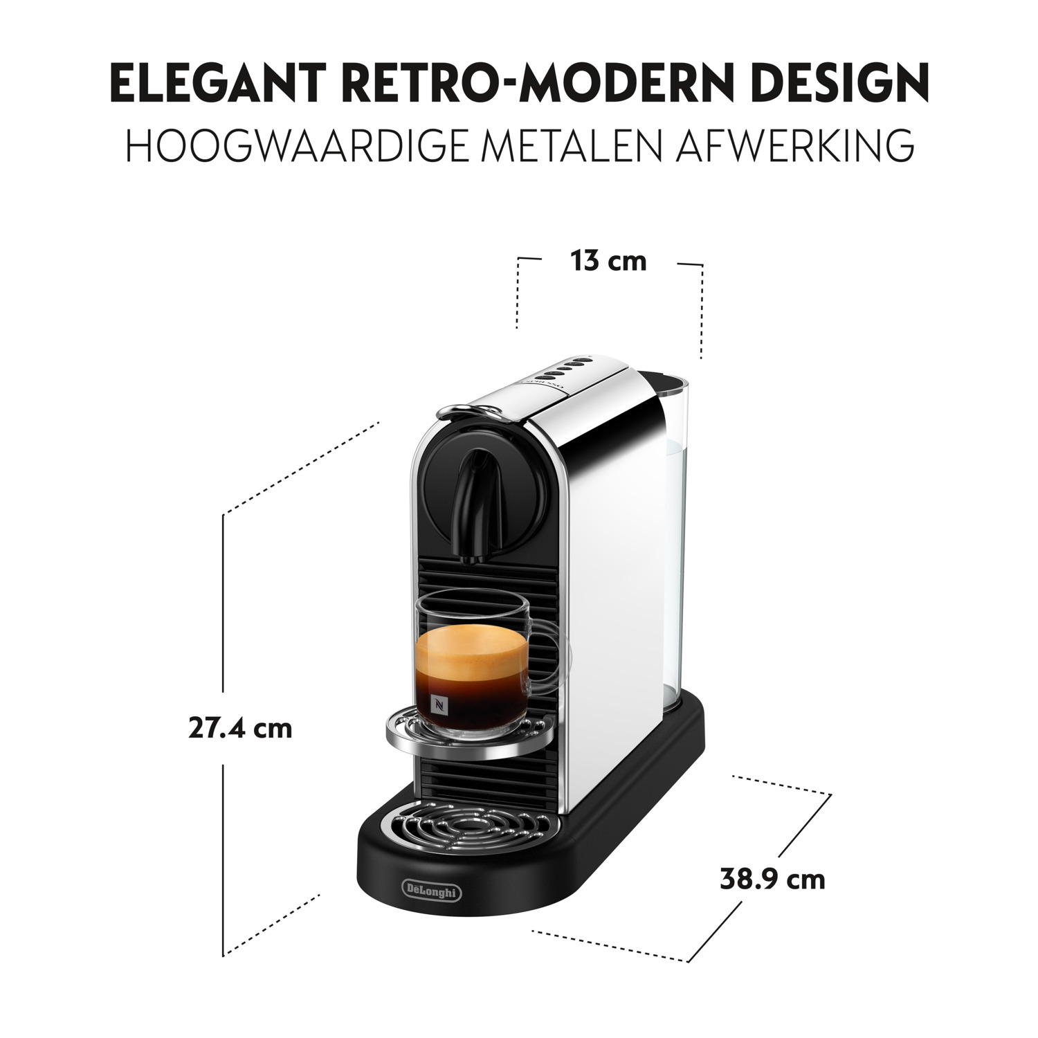 Coffee machine, with dimensions, and elegant design.