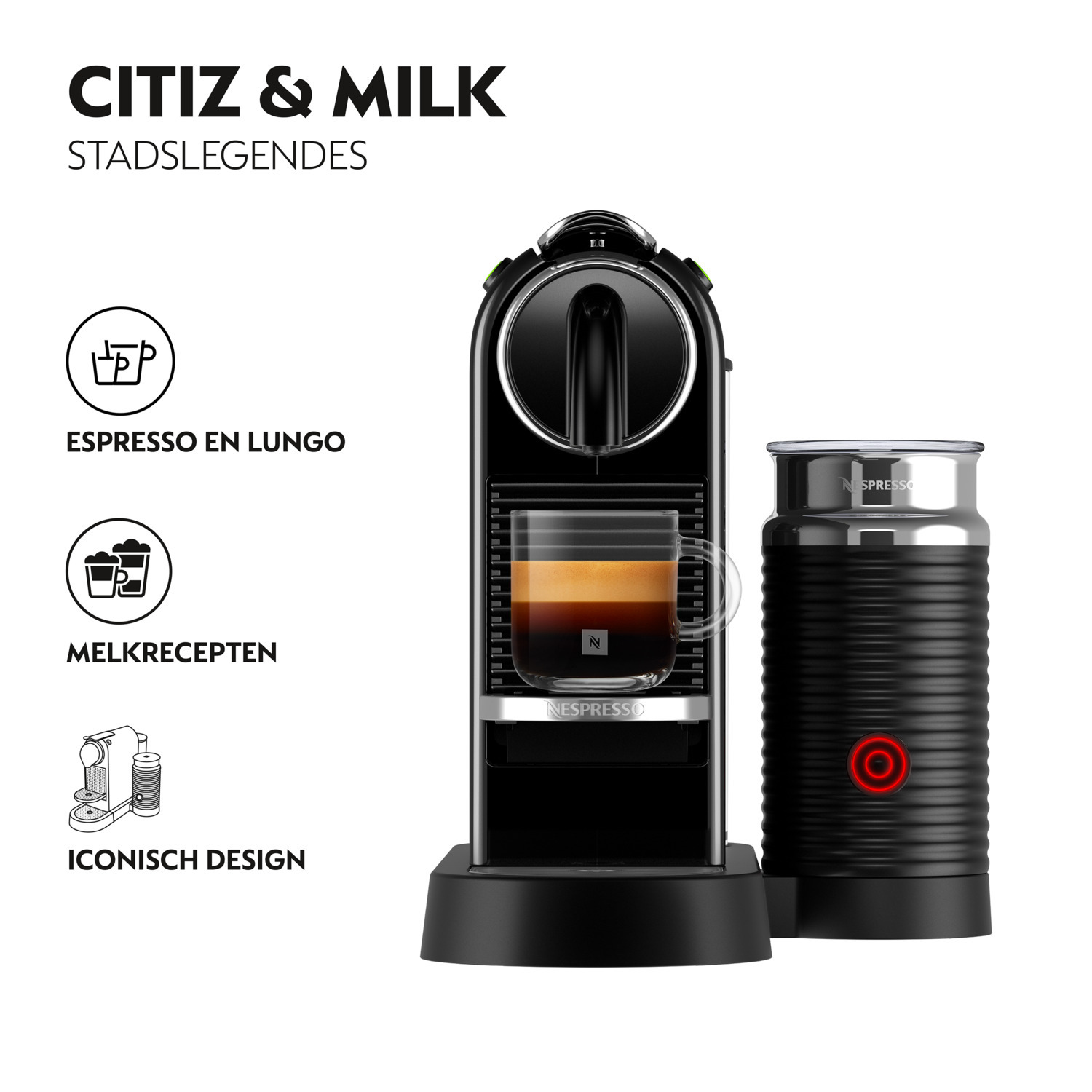 A black Nespresso machine with a milk frother. Text on the image says 'CITIZ & MILK' and describes features.