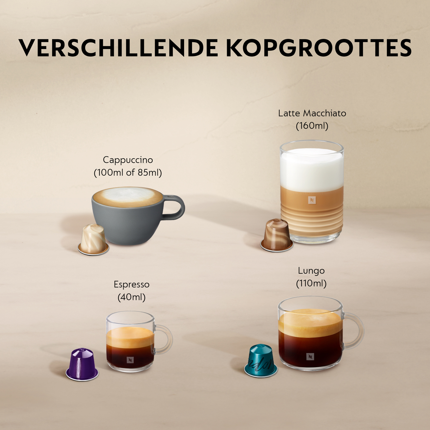 Various coffee drinks and capsules, each labeled with cup size and coffee type.