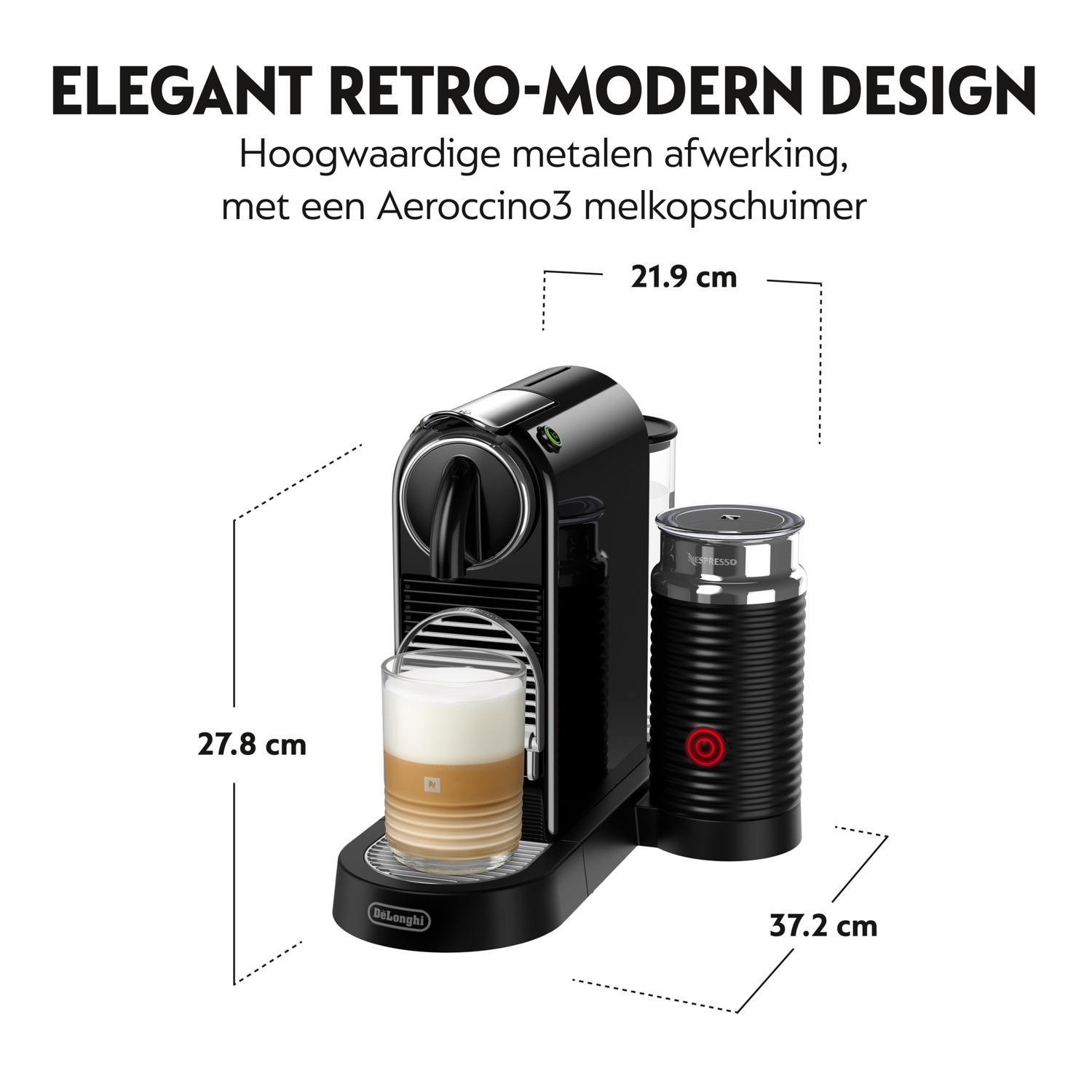 Black Nespresso coffee machine with a milk frother and a glass of coffee.