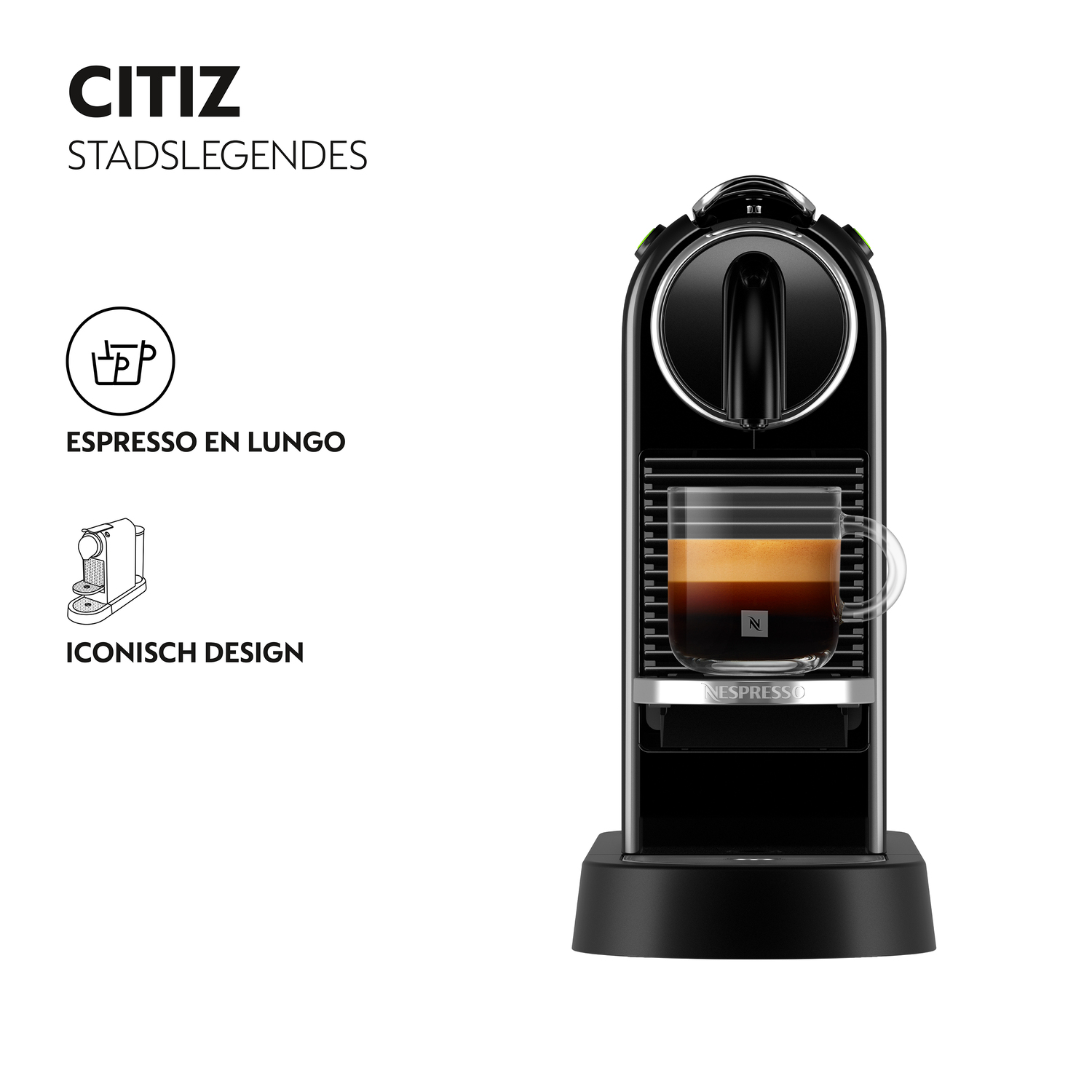 Zwarte Nespresso-machine met een kopje. Het kopje bevat espresso.