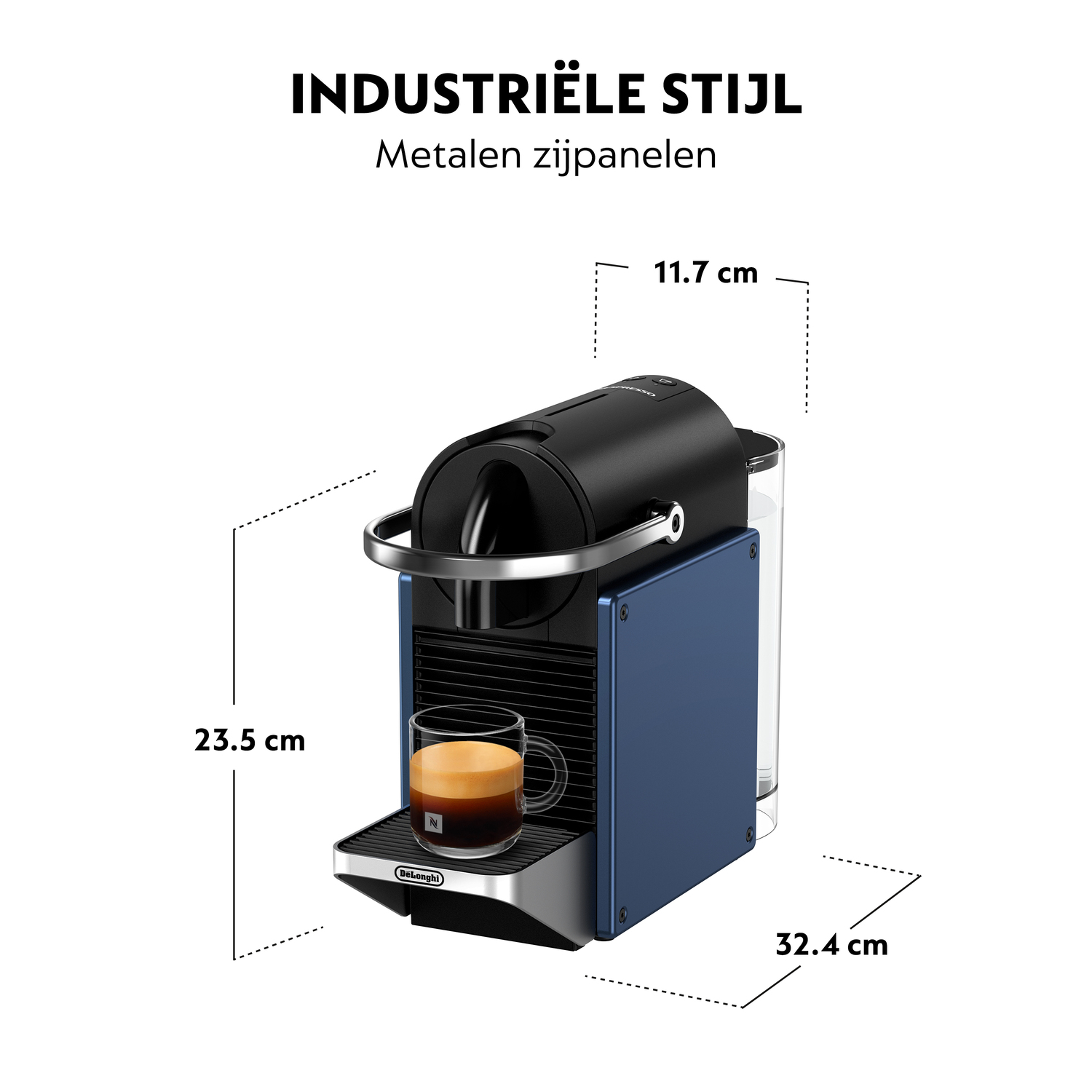 Nespresso machine with dimensions, showing a cup of coffee, with text about the style.