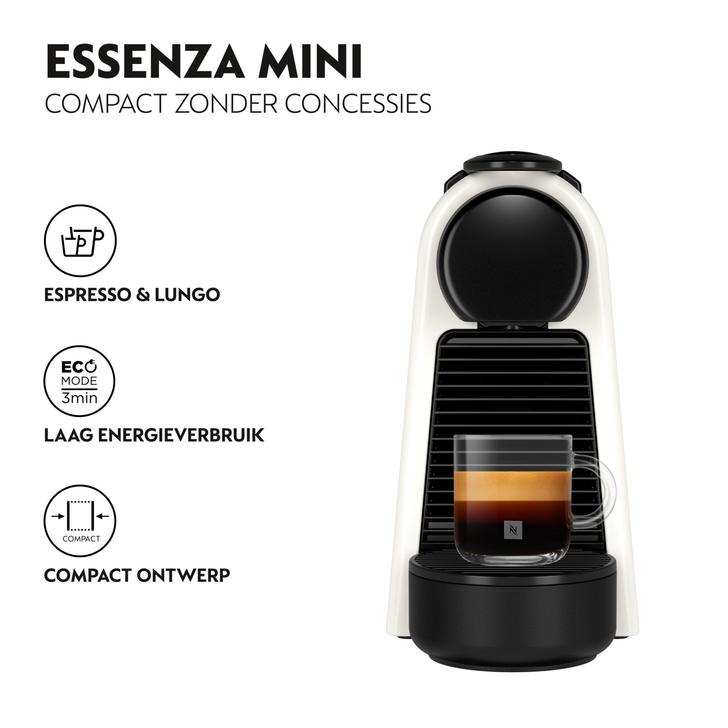 An espresso machine with a glass of coffee. White machine, black base, and the text 'ESSENZA MINI'.