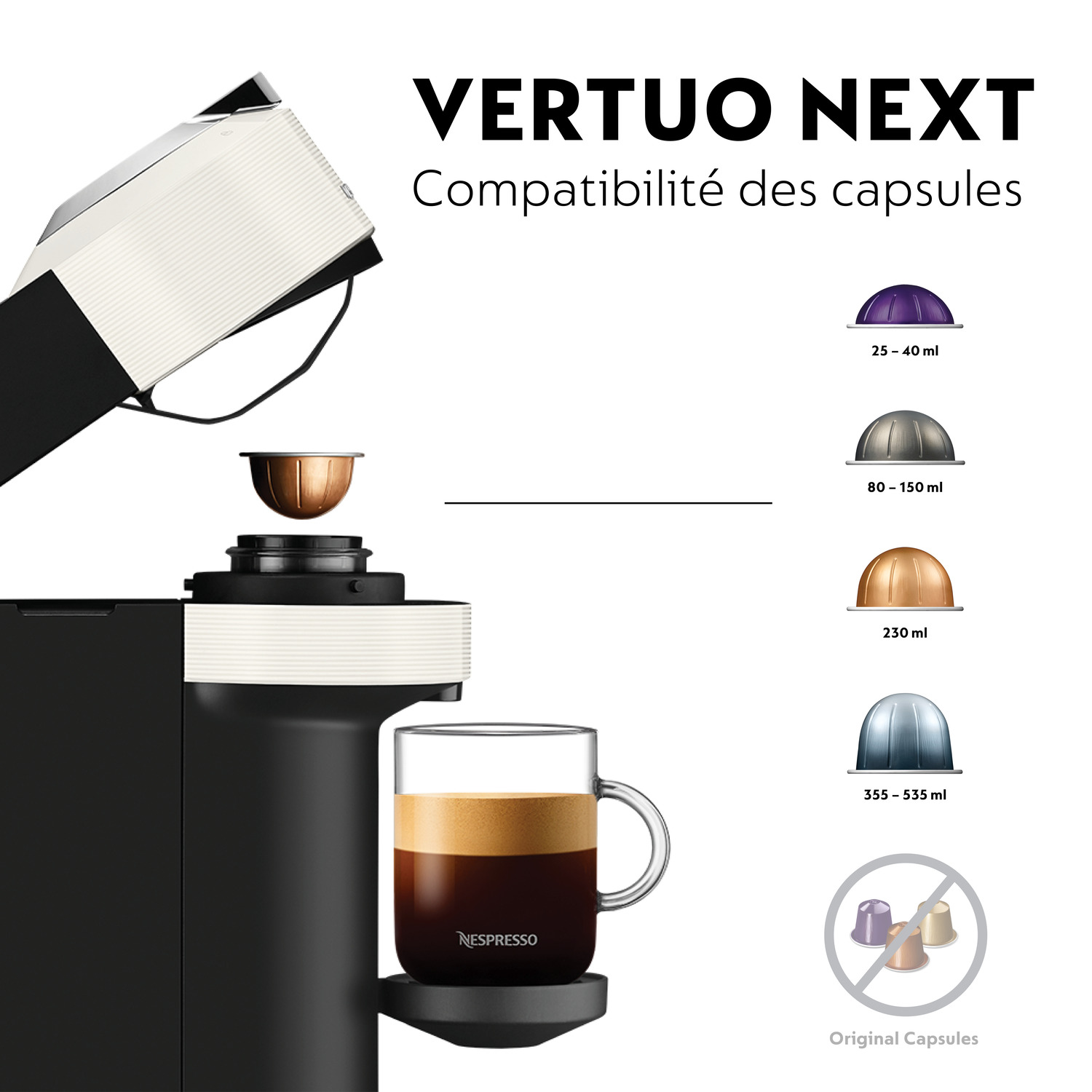 Une machine à café avec une tasse et des capsules, montrant différentes compatibilités de capsules.