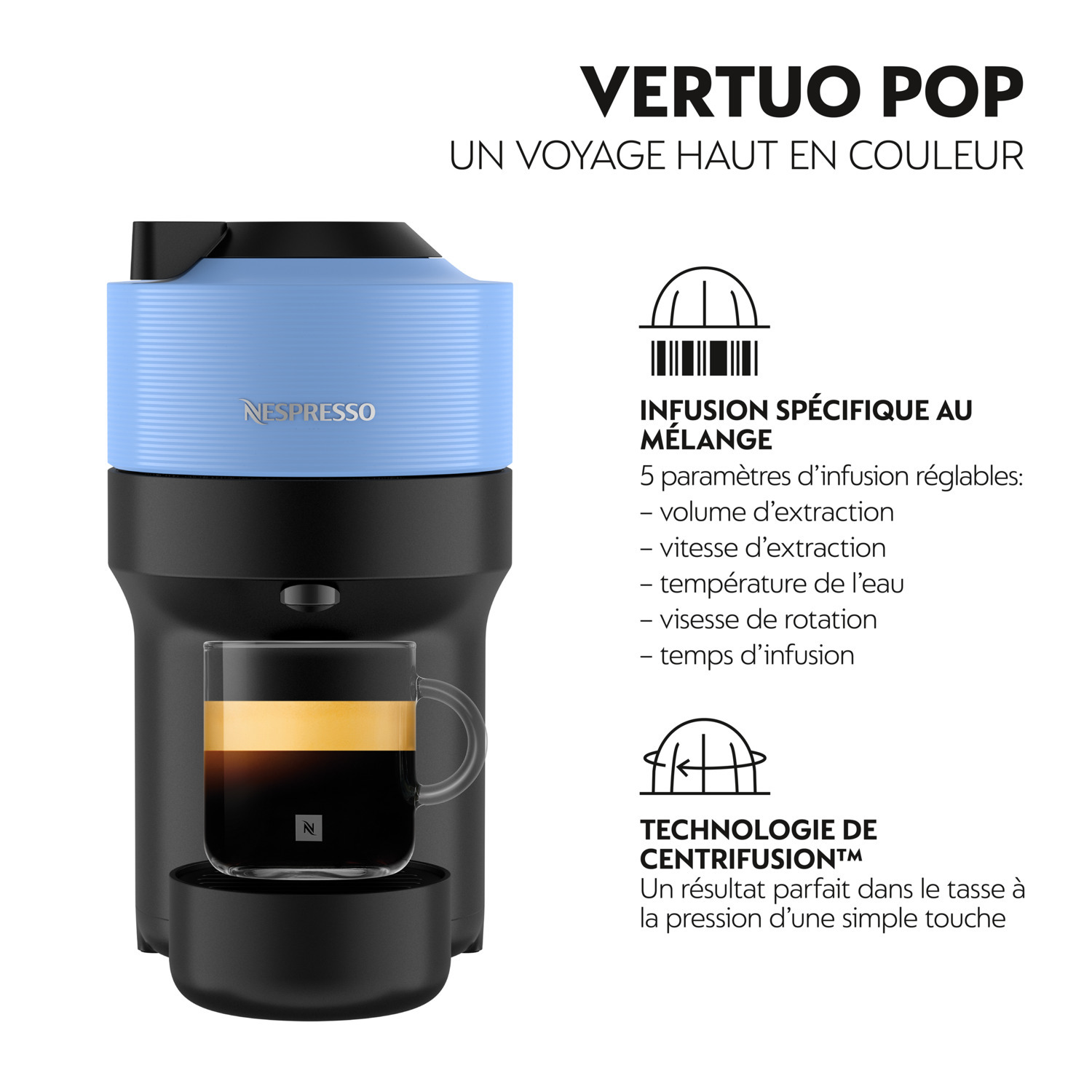 Machine à café Nespresso Vertuo Pop bleue et noire avec un verre de café, et texte en français.