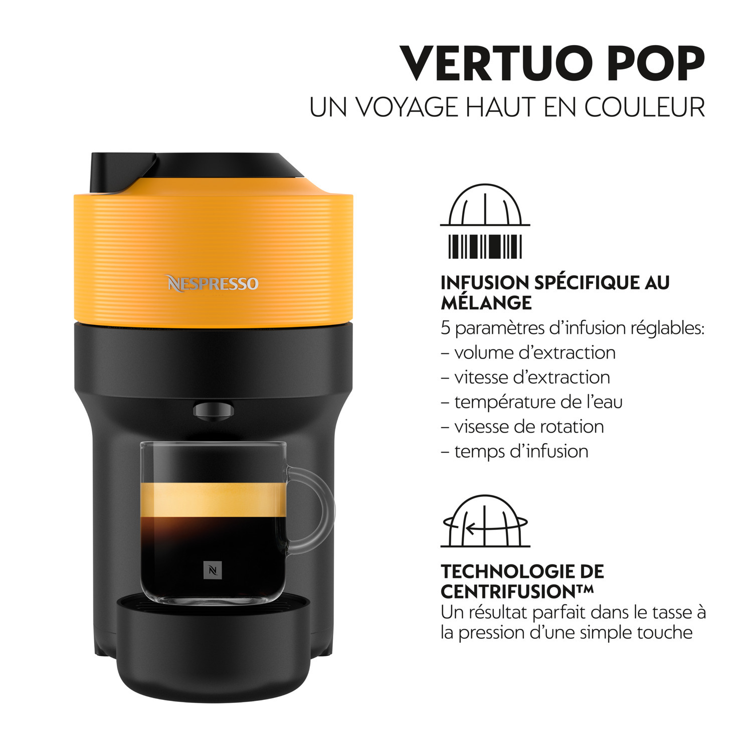 Machine à café Nespresso Vertuo Pop, dessus orange, base noire et une tasse.