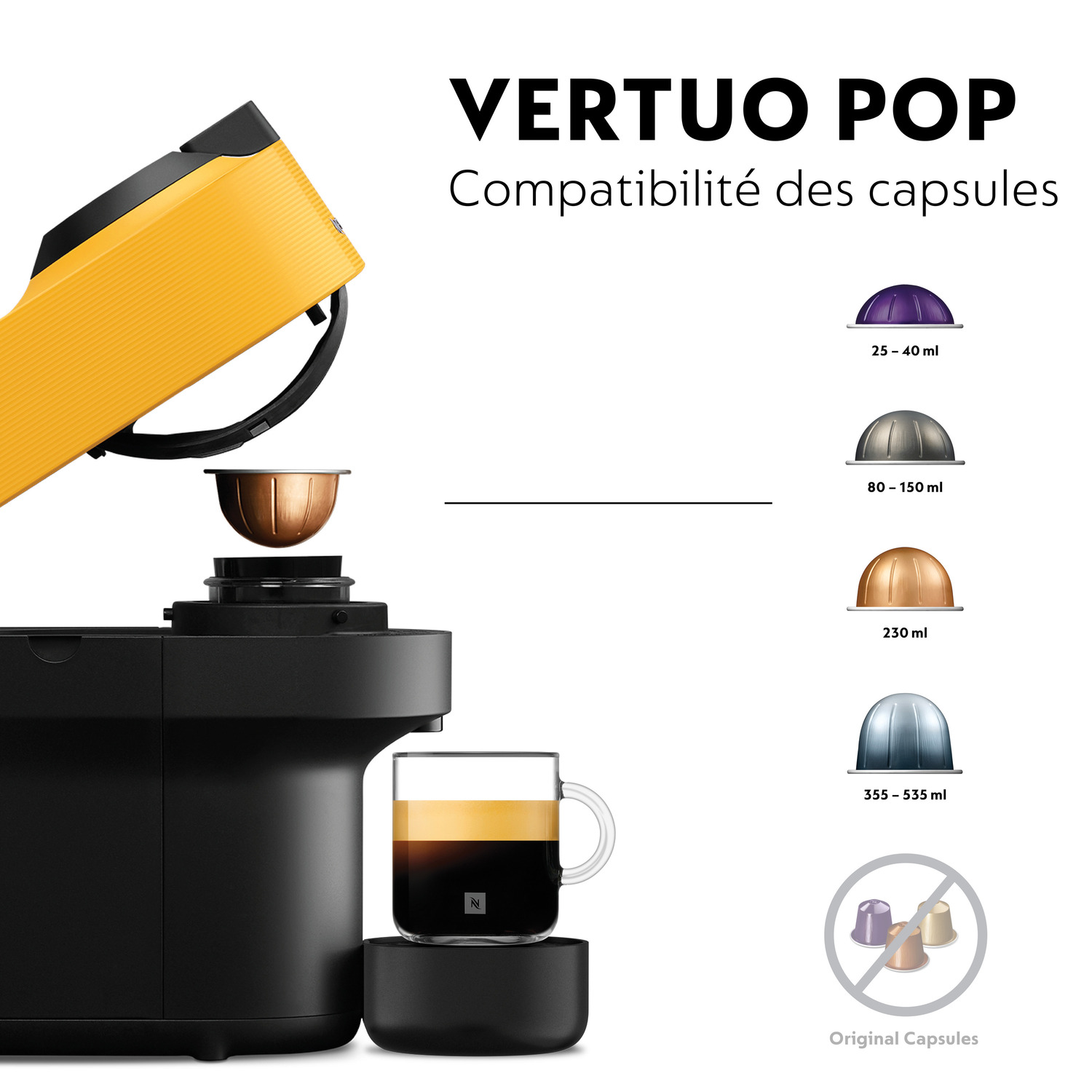 Machine à café avec capsules. Bras jaune au-dessus d'une tasse. Types de capsules listés.