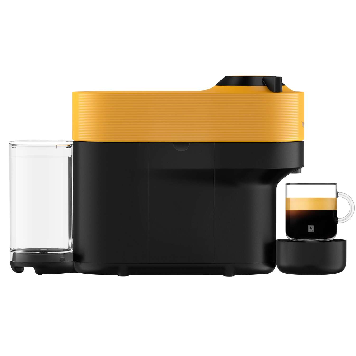 Yellow and black espresso machine with a cup, and a water tank.