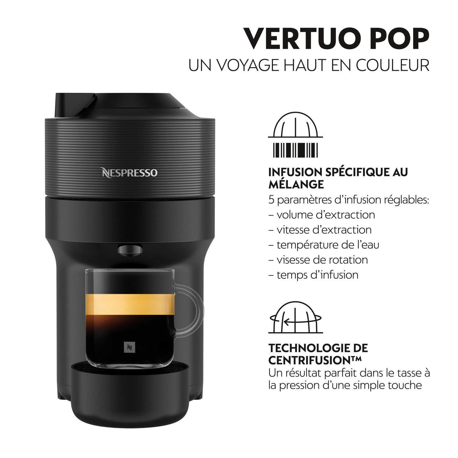 Une cafetière Nespresso Vertuo Pop noire avec une tasse et du texte sur ses caractéristiques.