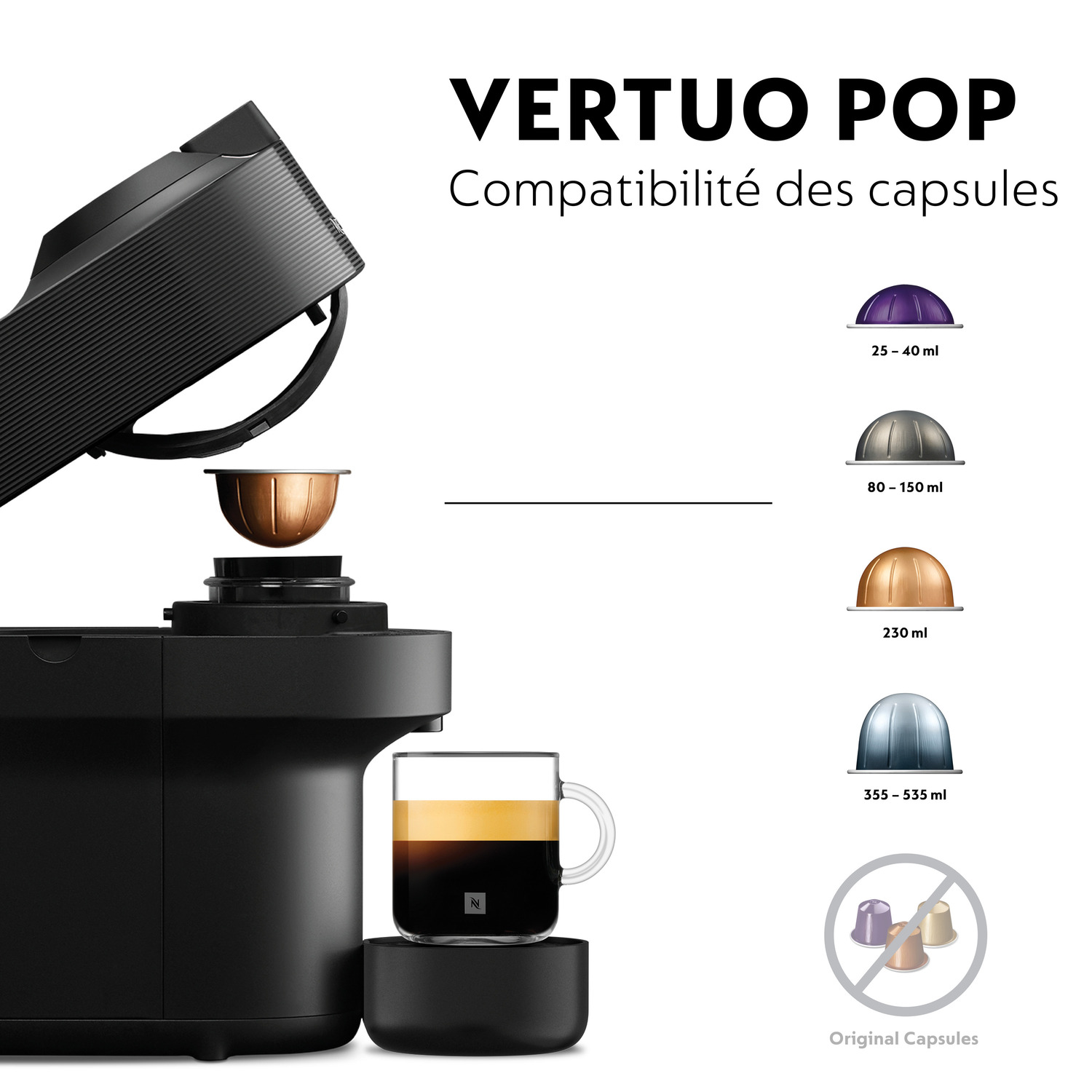 Une machine à café Nespresso Vertuo Pop noire avec différentes capsules de café.