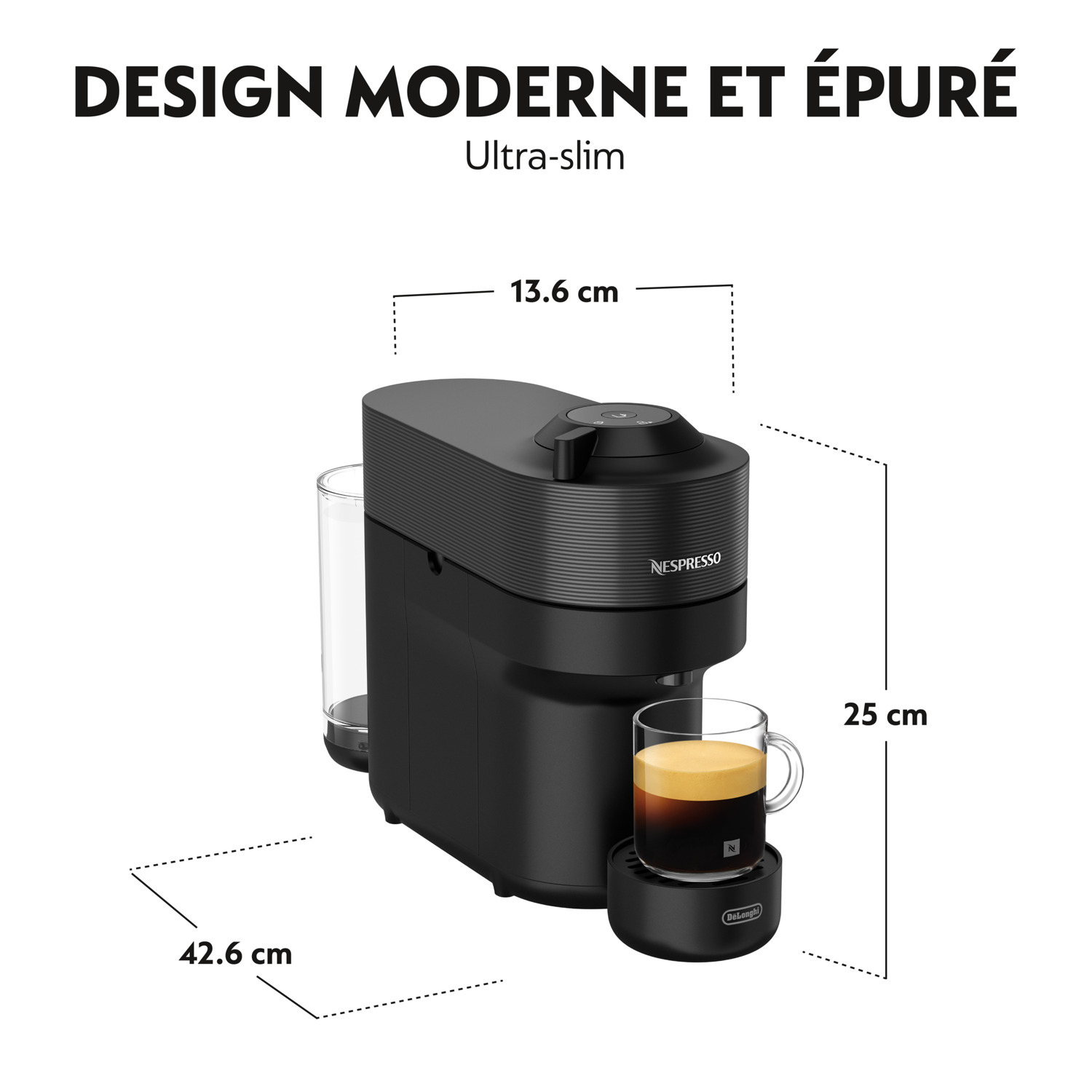 Machine à café Nespresso noire avec une tasse à café. Les dimensions sont affichées.
