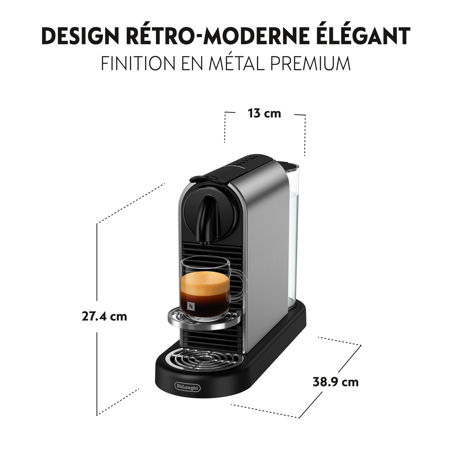 Machine à expresso argentée, avec un verre de café. Texte en français avec dimensions.