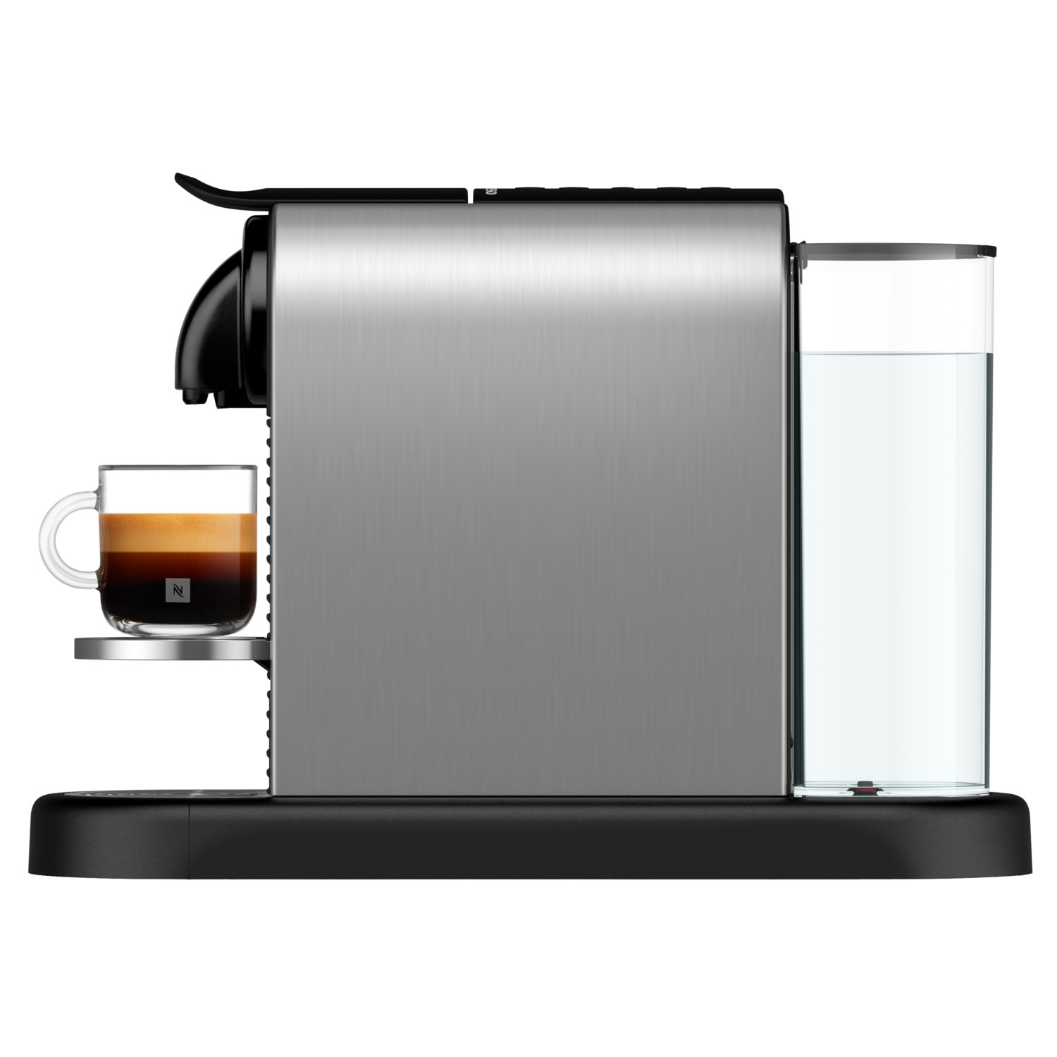 A silver and black Nespresso coffee machine with a cup of coffee.