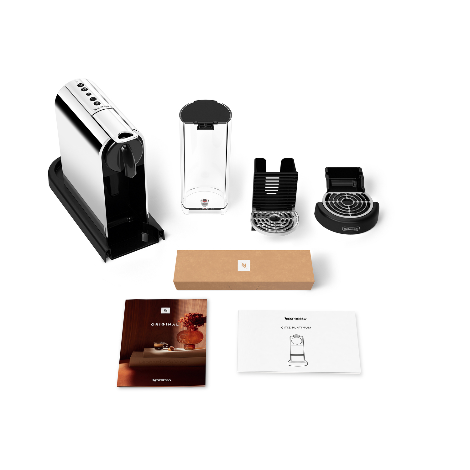 Coffee machine and accessories. Silver machine, black base, water container, and accessories.