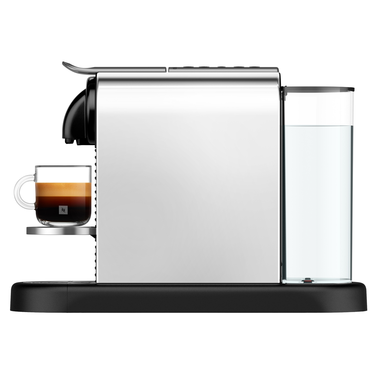 Silver coffee machine with a clear water tank and a cup of coffee.