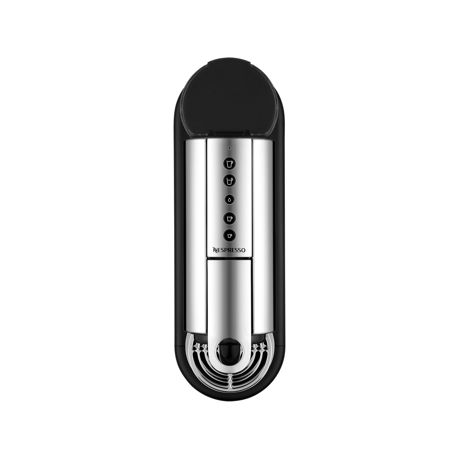 Top view of a black and silver Nespresso coffee machine with control buttons and water tank.