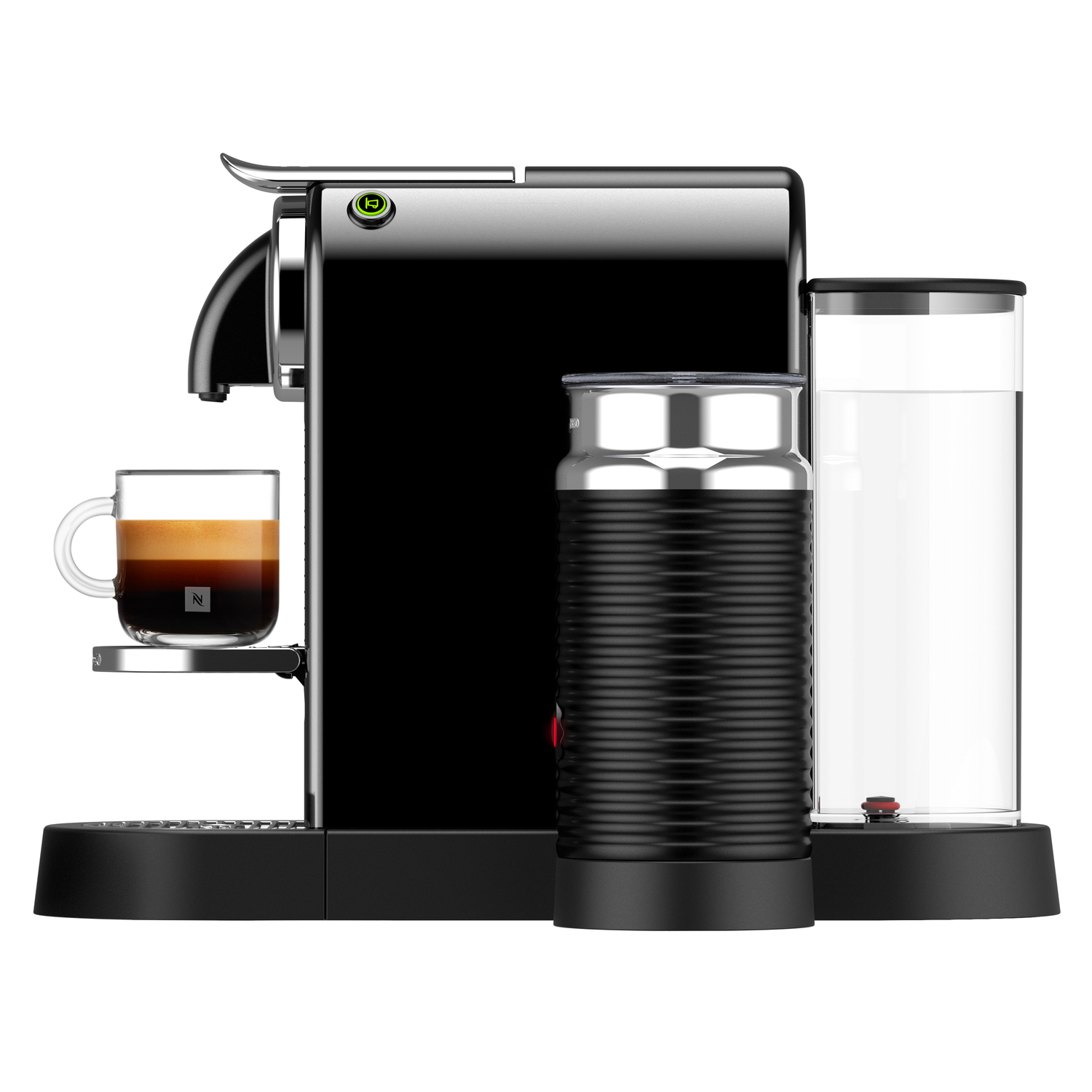 Black Nespresso coffee machine with a cup of coffee and milk frother.
