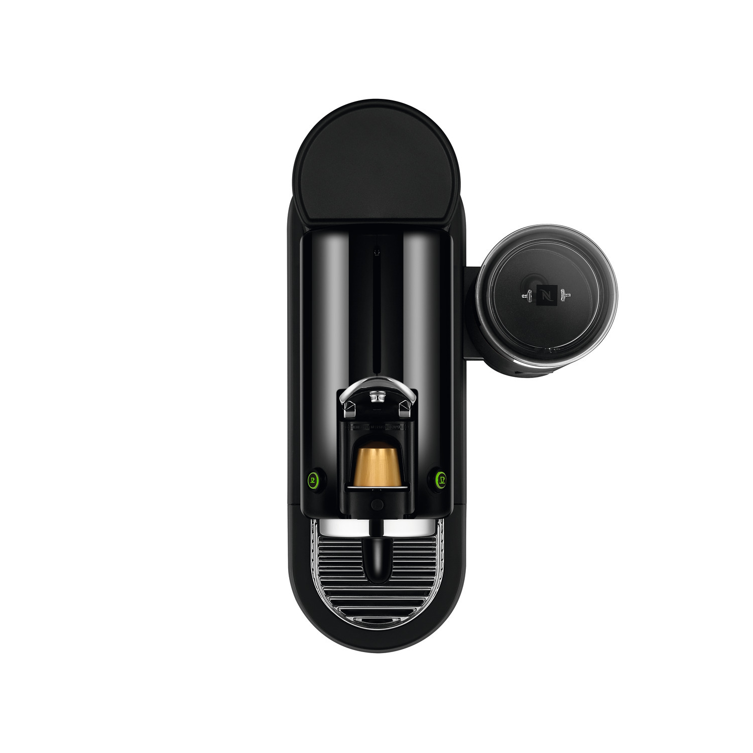 Top view of a black Nespresso machine with a capsule inside, on a white background.