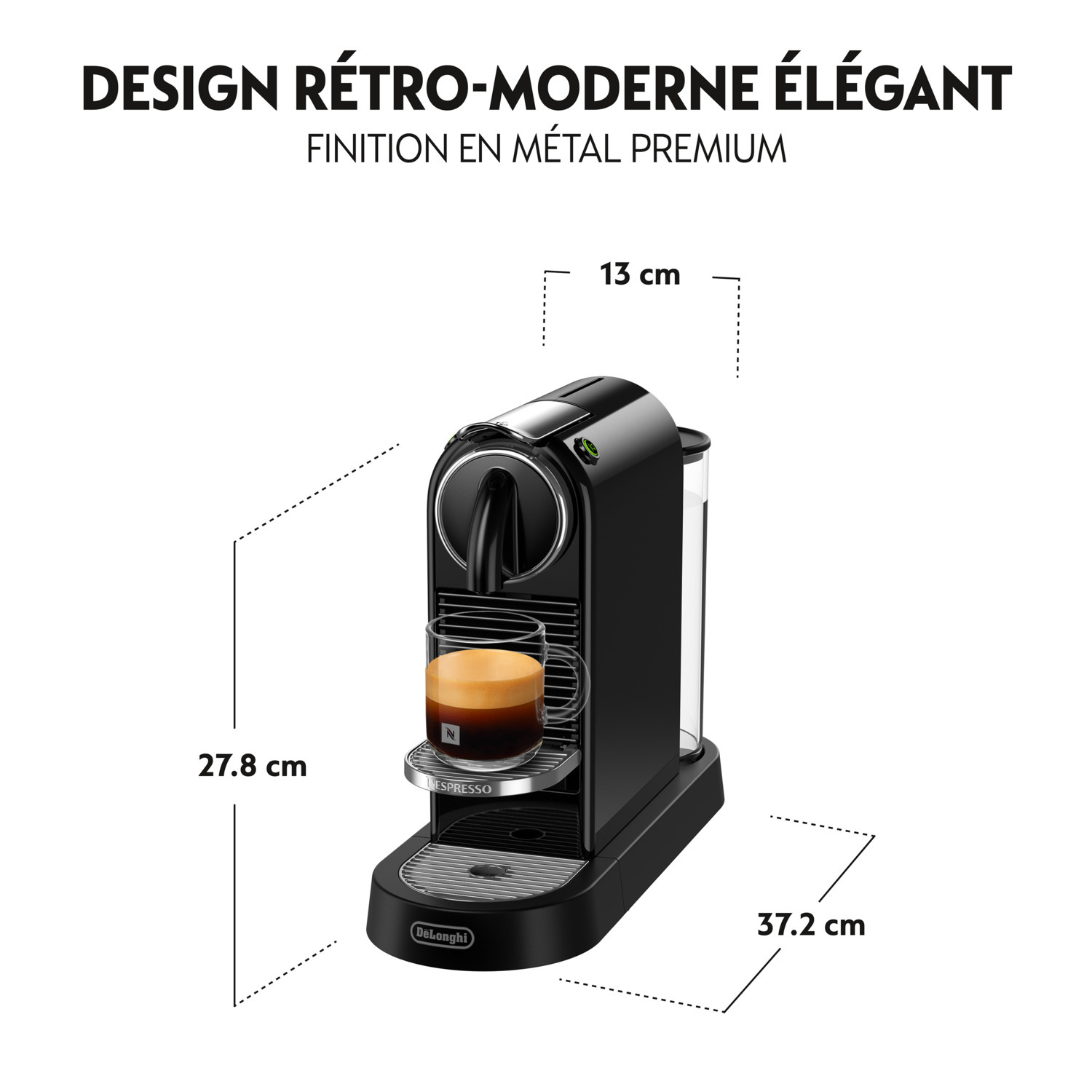 Machine à café Nespresso noire avec un verre de café.