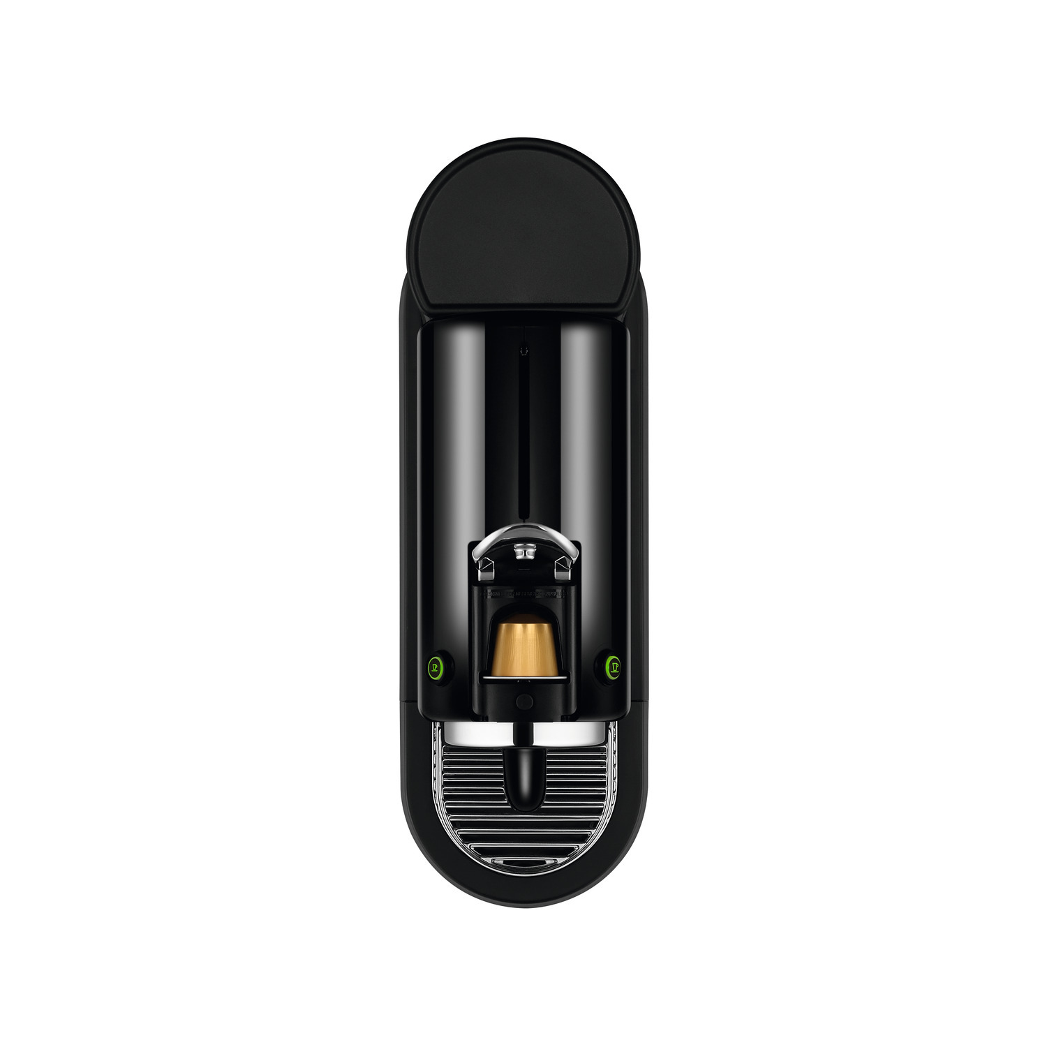 Zwarte Nespresso-koffiemachine met een enkele koffiepad erin. Witte achtergrond.