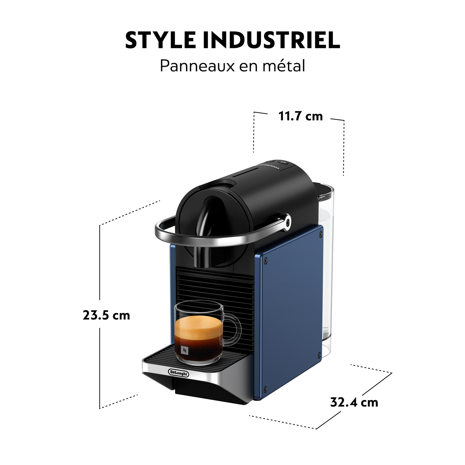 Une machine à café bleue et noire avec dimensions, une tasse et du texte.