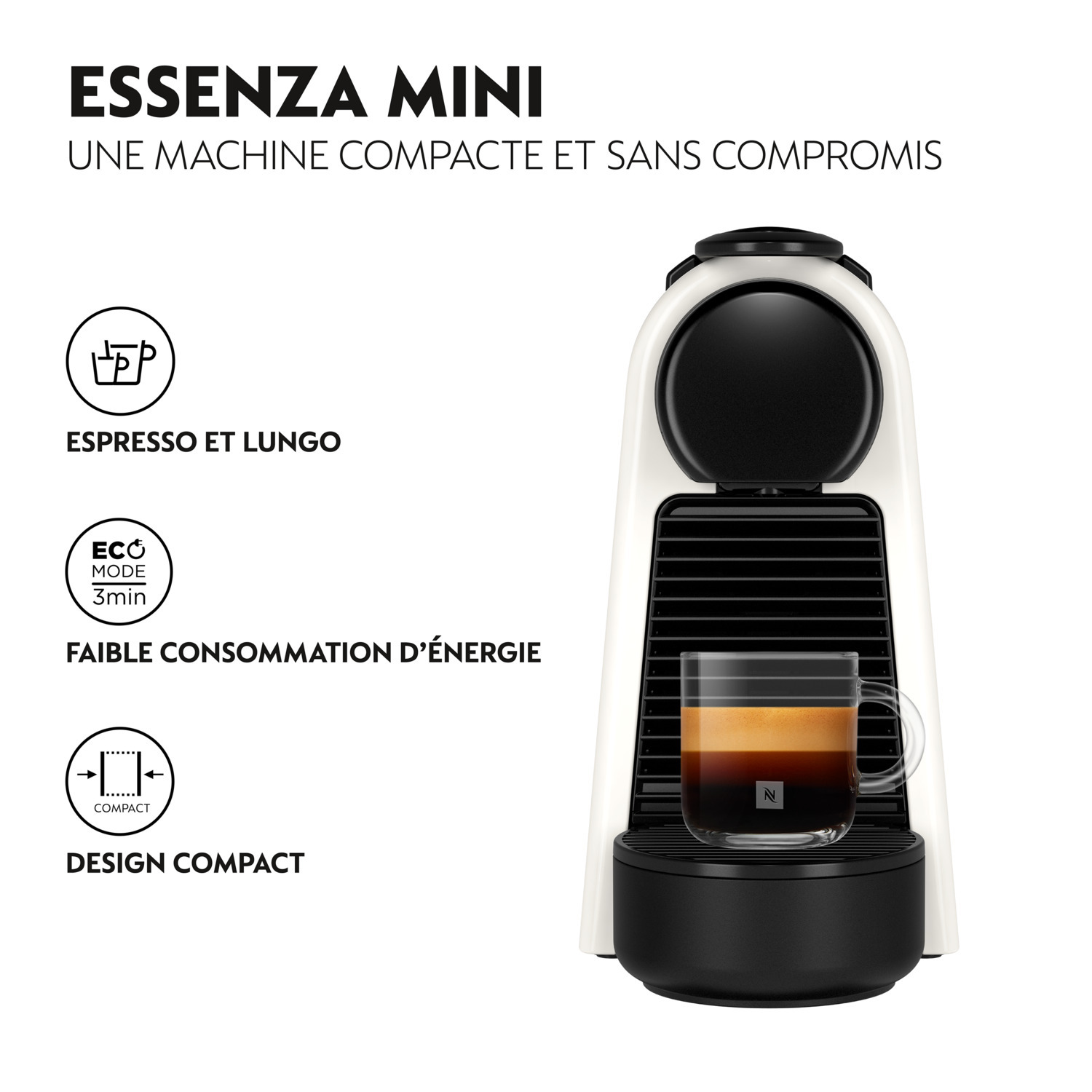 Machine à café Essenza Mini blanche avec texte et icônes. Une tasse de café est présente.