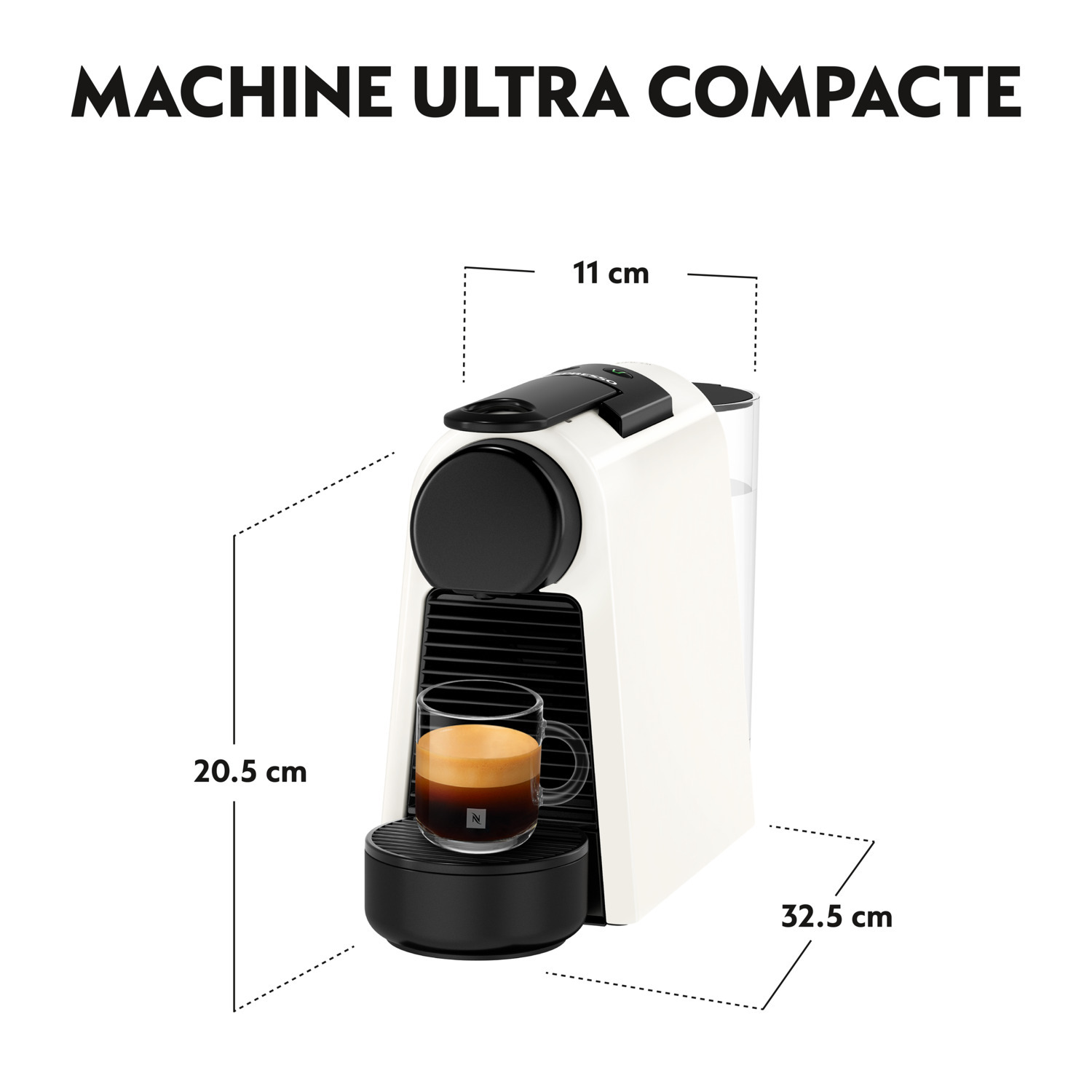 Machine à café blanche avec texte : Machine ultra compacte. Les dimensions sont indiquées.