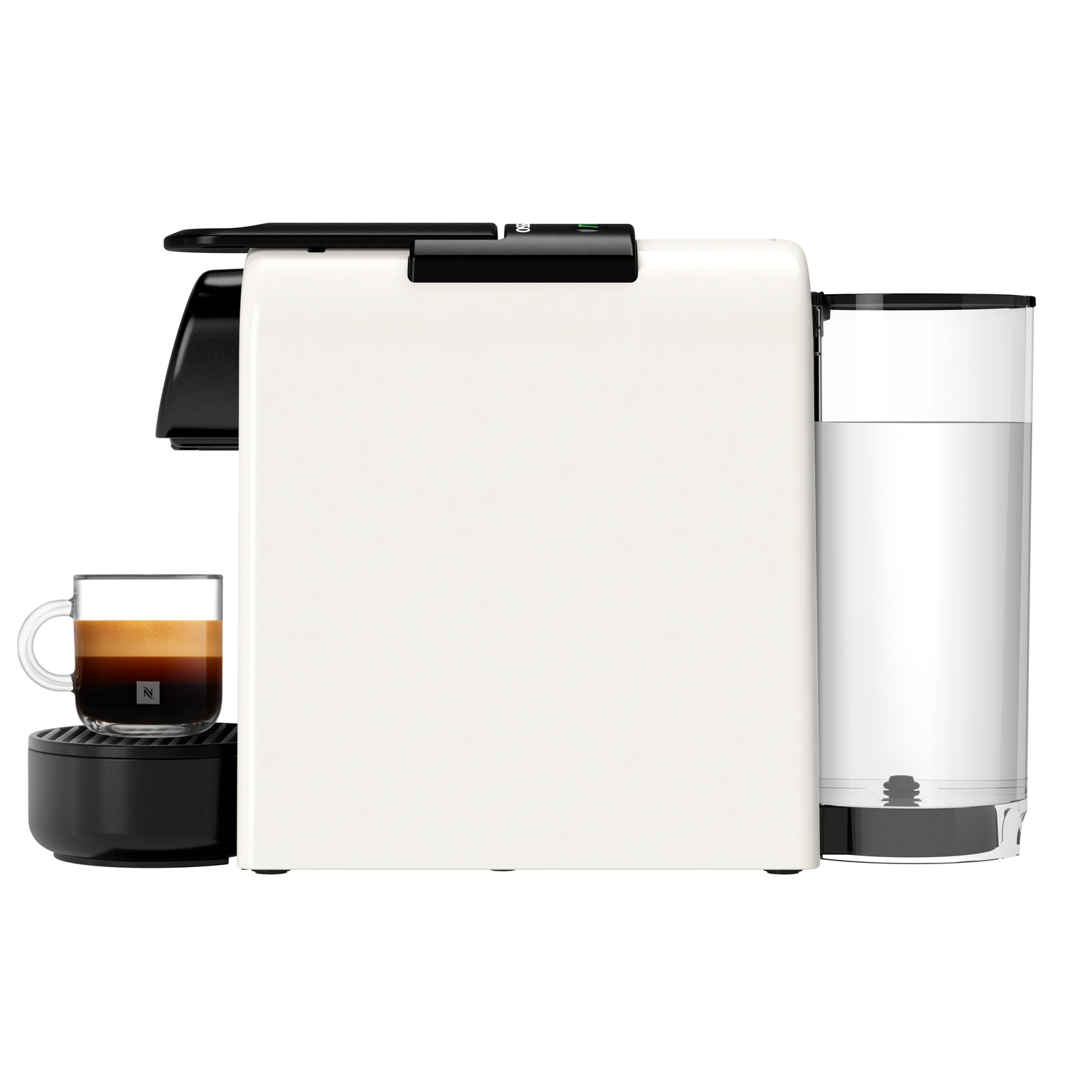 White Nespresso coffee machine with a glass of coffee, a cup and water tank.