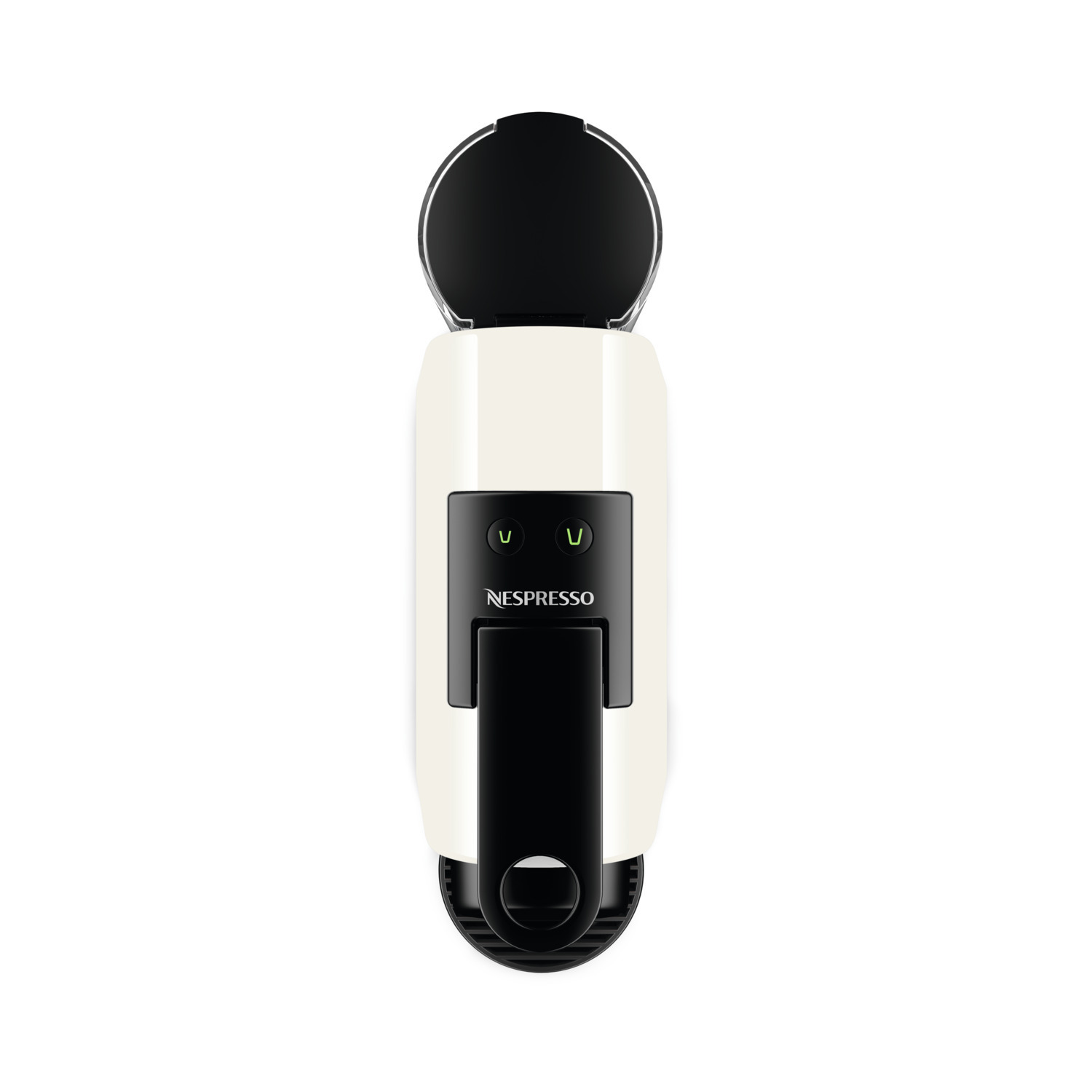 Ivory and black Nespresso machine, top view. Open top reveals the capsule slot.