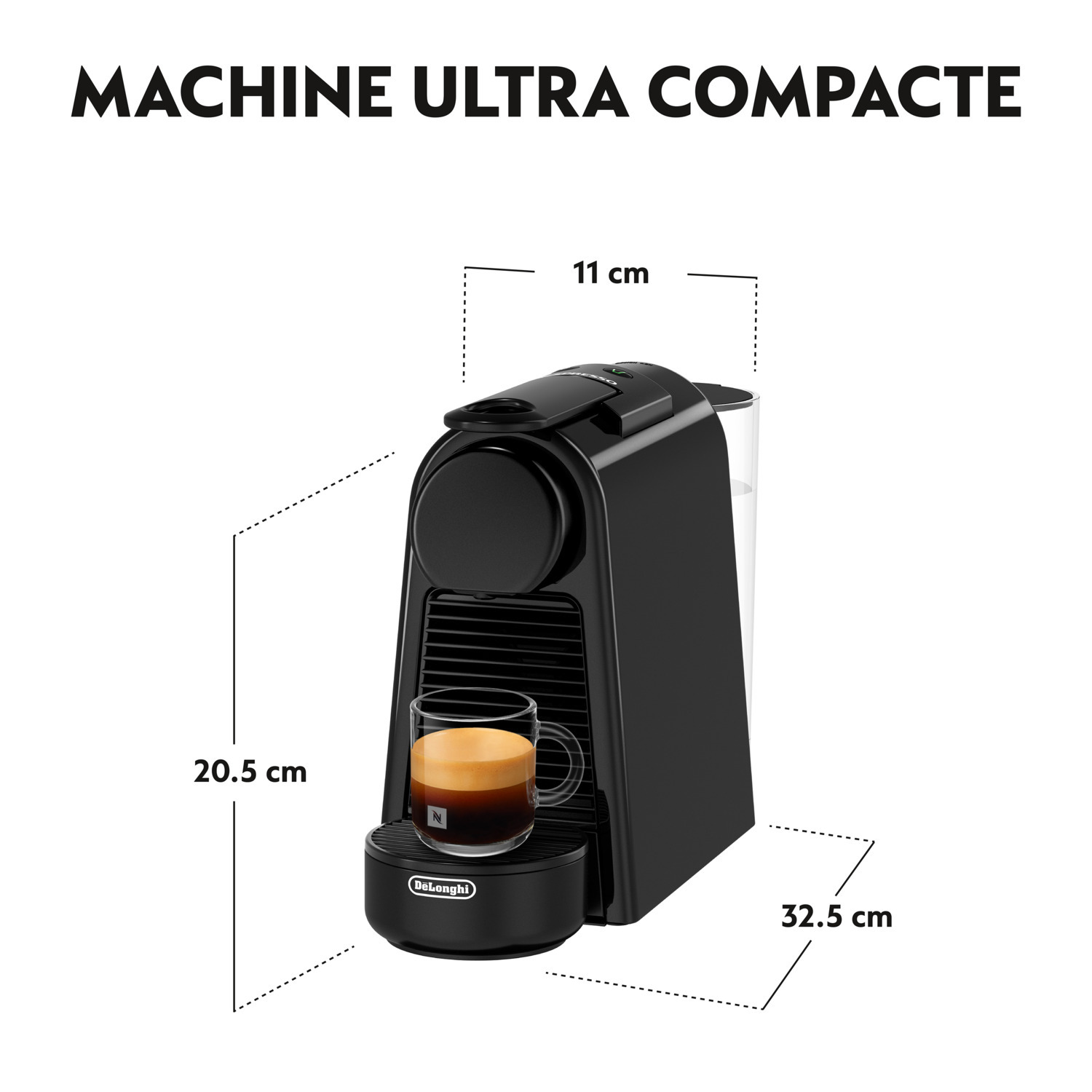 Machine à expresso noire avec une tasse en verre et dimensions indiquées pour référence.
