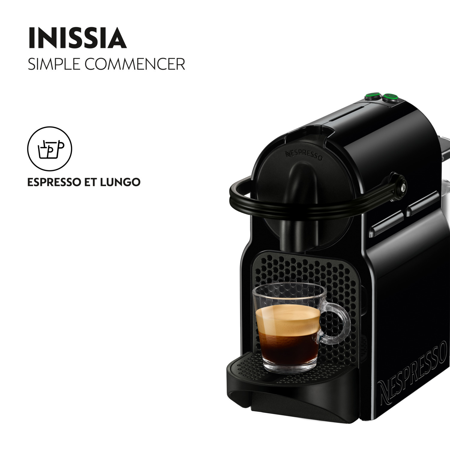 Machine à café noire avec une tasse de café en verre. Texte : INISSIA, SIMPLE COMMENCER.