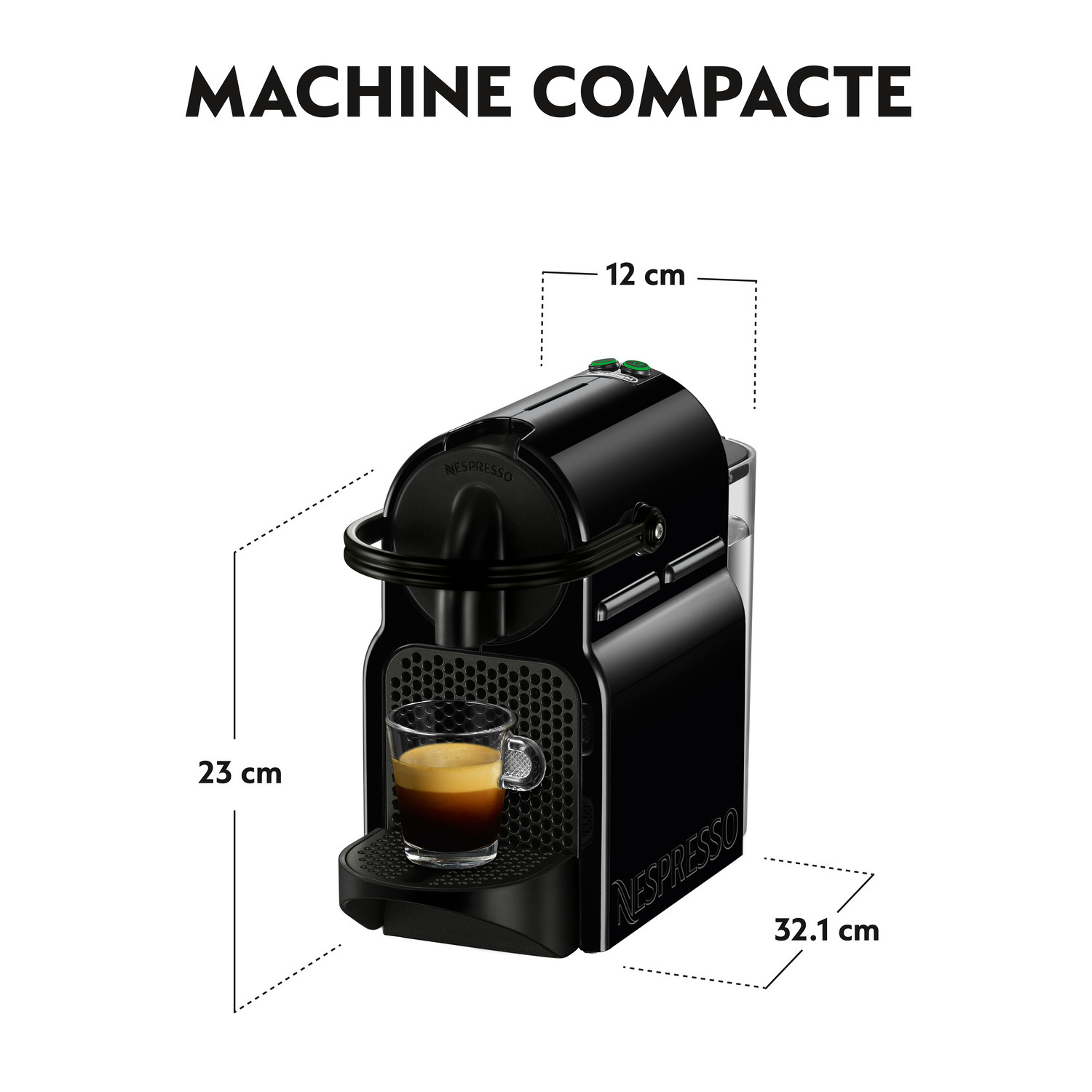 Machine Nespresso noire avec un verre de café, dimensions indiquées, fond blanc.
