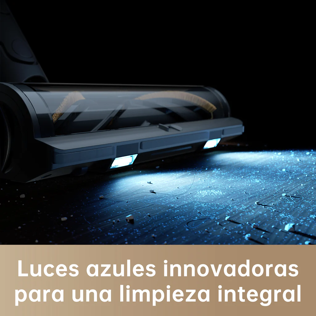 Robot aspirador negro en suelo de madera, con texto 570ml.