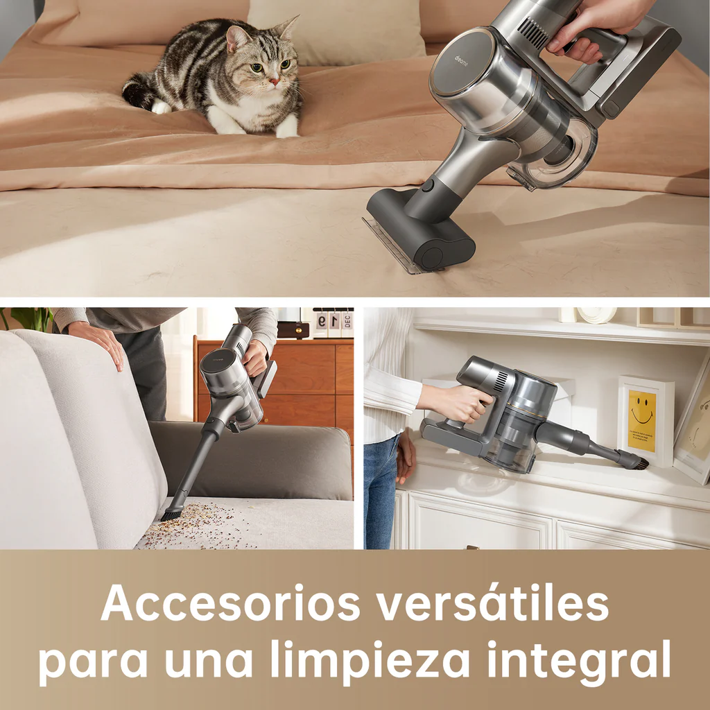 Aspiradora en múltiples escenarios. Gato en la cama. Limpiando el sofá. Limpiando el estante.