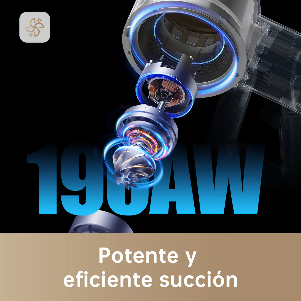 Aspiradora mostrando componentes internos y el texto: 190AW y Potente y eficiente succión.