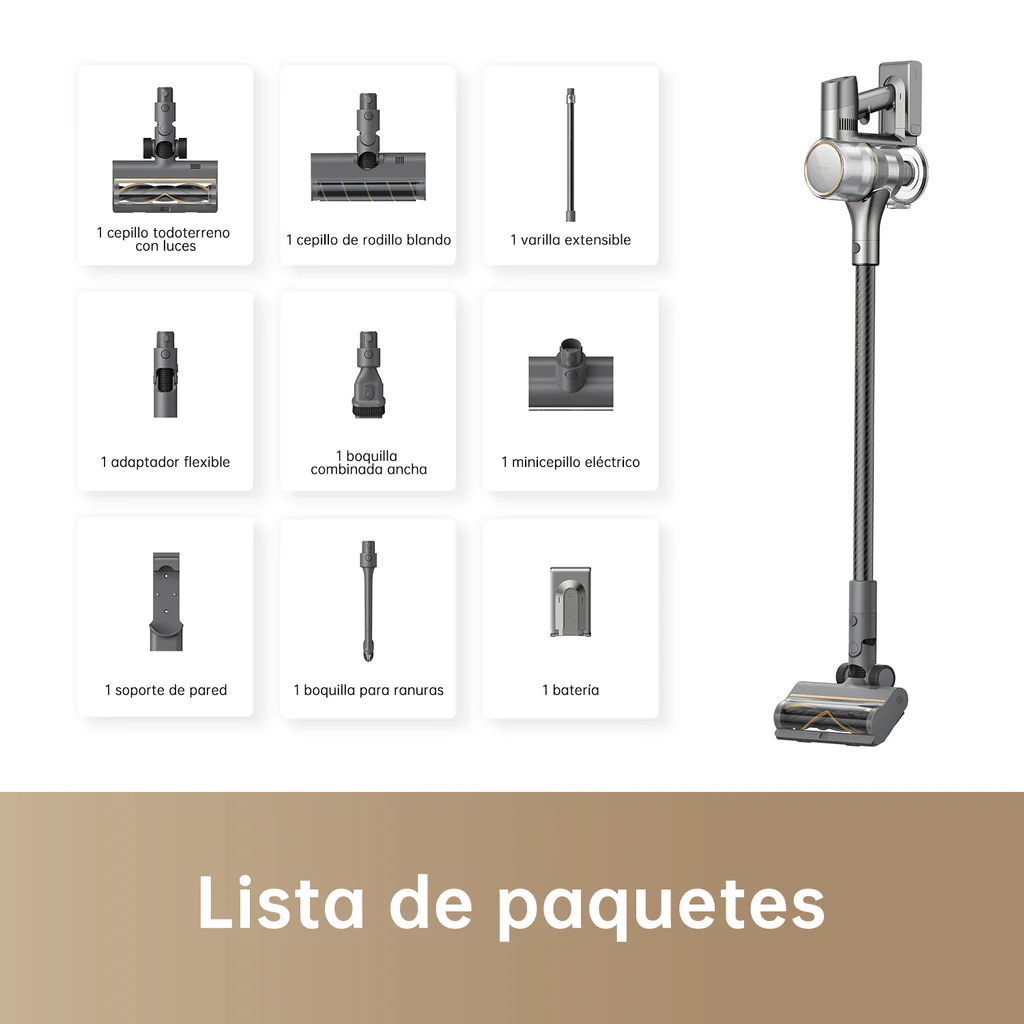 Aspiradora inalámbrica con varios accesorios y una lista de los accesorios incluidos.