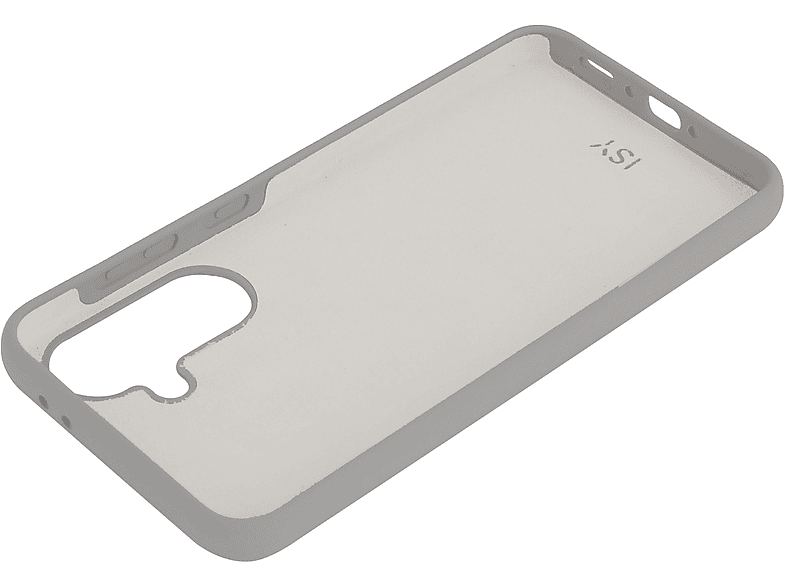 Funda transparente para teléfono con bordes grises. El interior tiene un patrón.