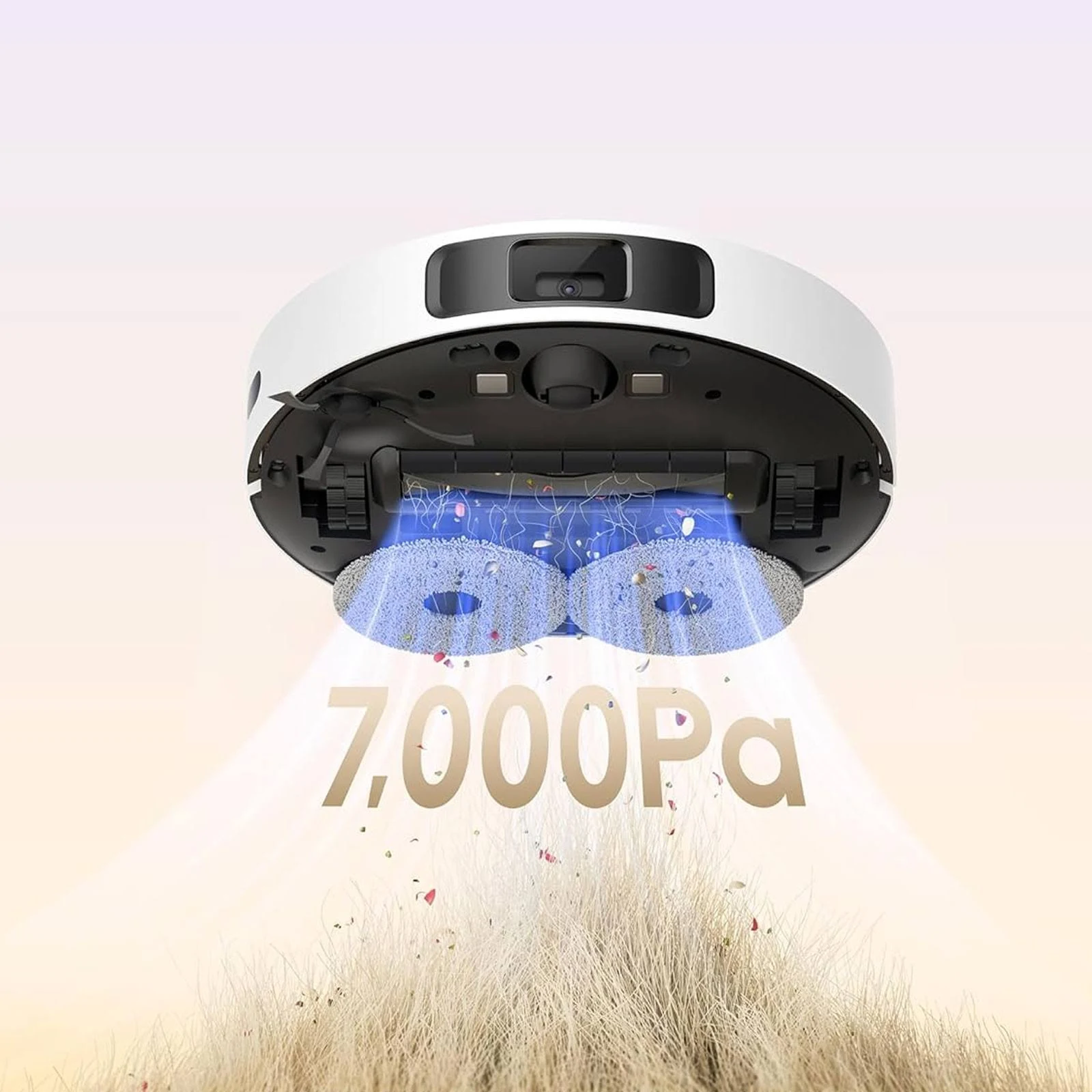 Una aspiradora robot blanca y negra con el texto "7.000Pa" y partículas de polvo.