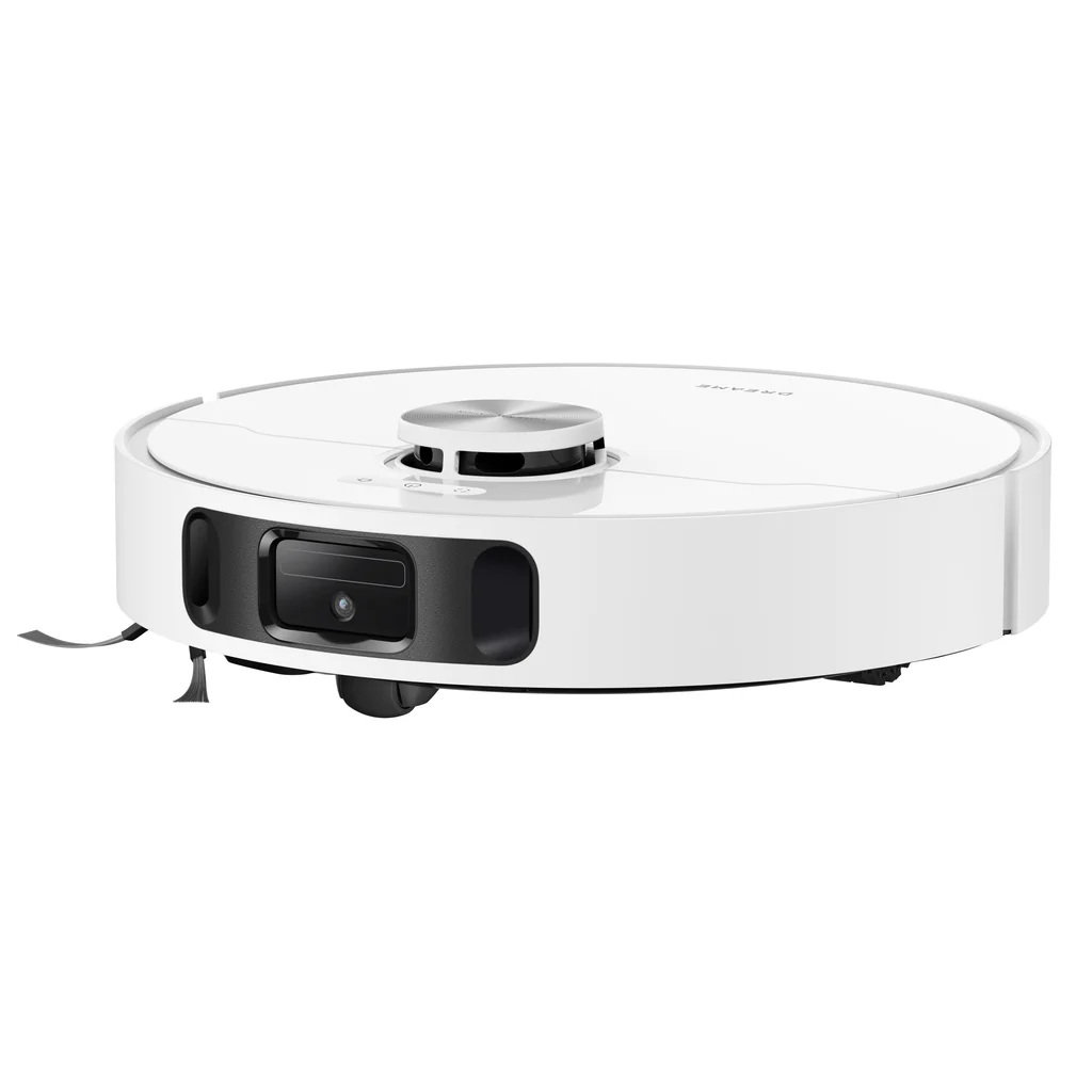 Aspiradora robot blanca. Tiene forma circular. Tiene una cámara negra y un botón de encendido.