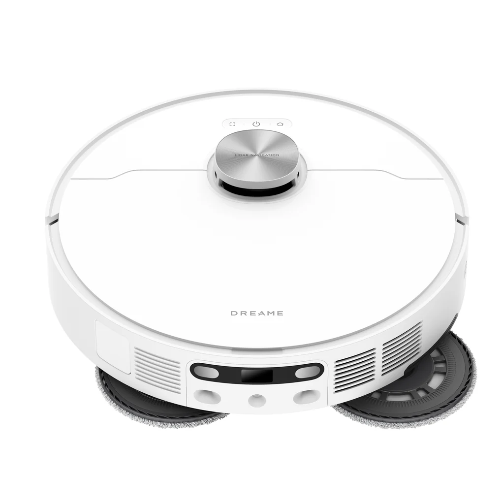 Aspiradora robot blanca con parte superior plateada y dos almohadillas de limpieza circulares.