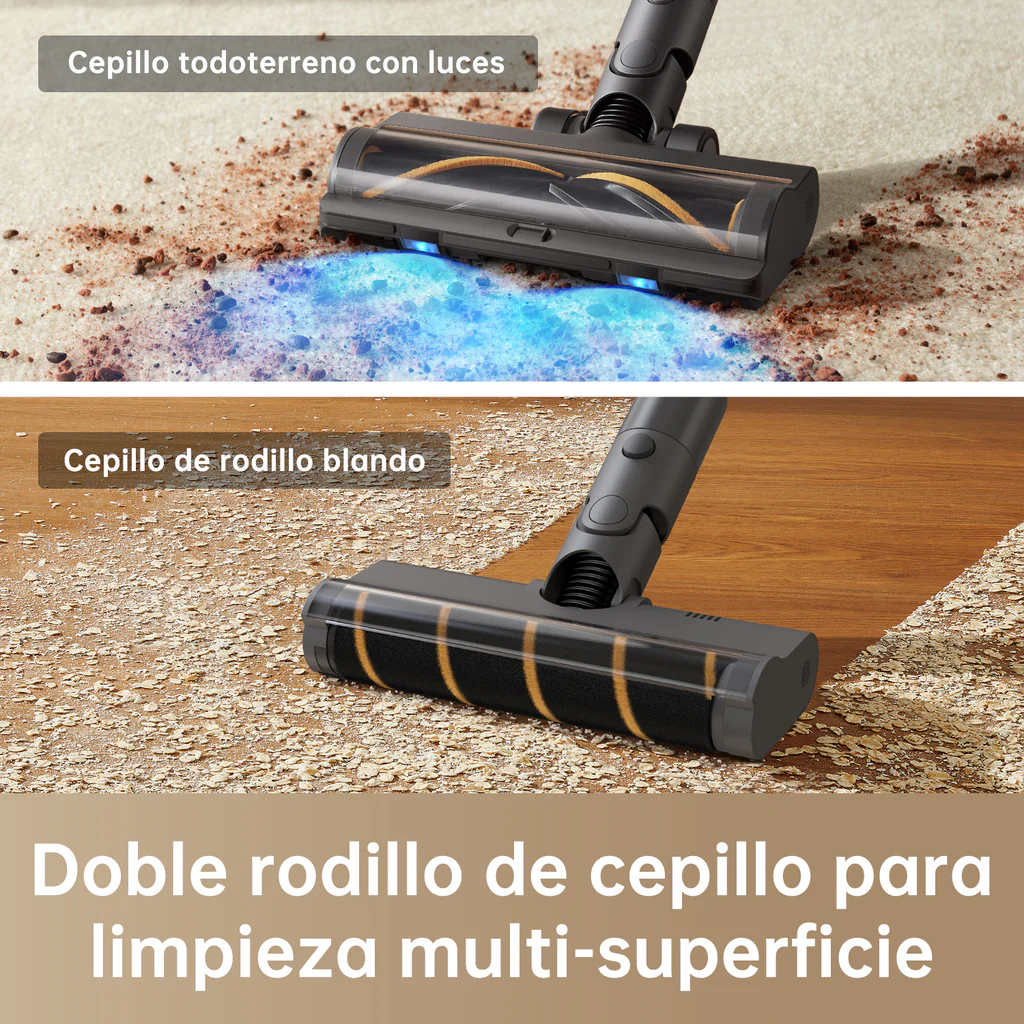 Cabezal de aspiradora con luces en alfombra, cepillo suave en superficie de madera y texto.