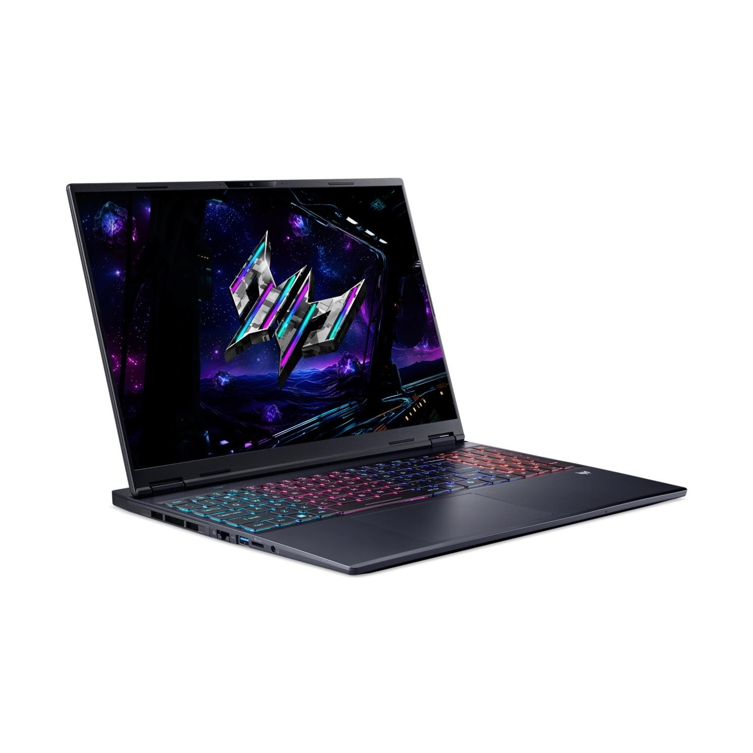 Laptop con tastiera illuminata, scena di gioco, design nero e viola.